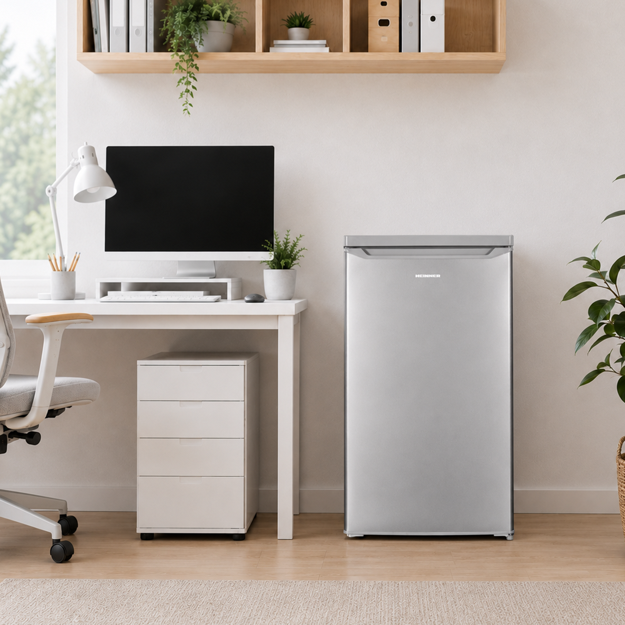 Ein silberner Mini-Kühlschrank steht neben einem weißem Schreibtisch mit Computer und Pflanzen in einem hellen Raum.