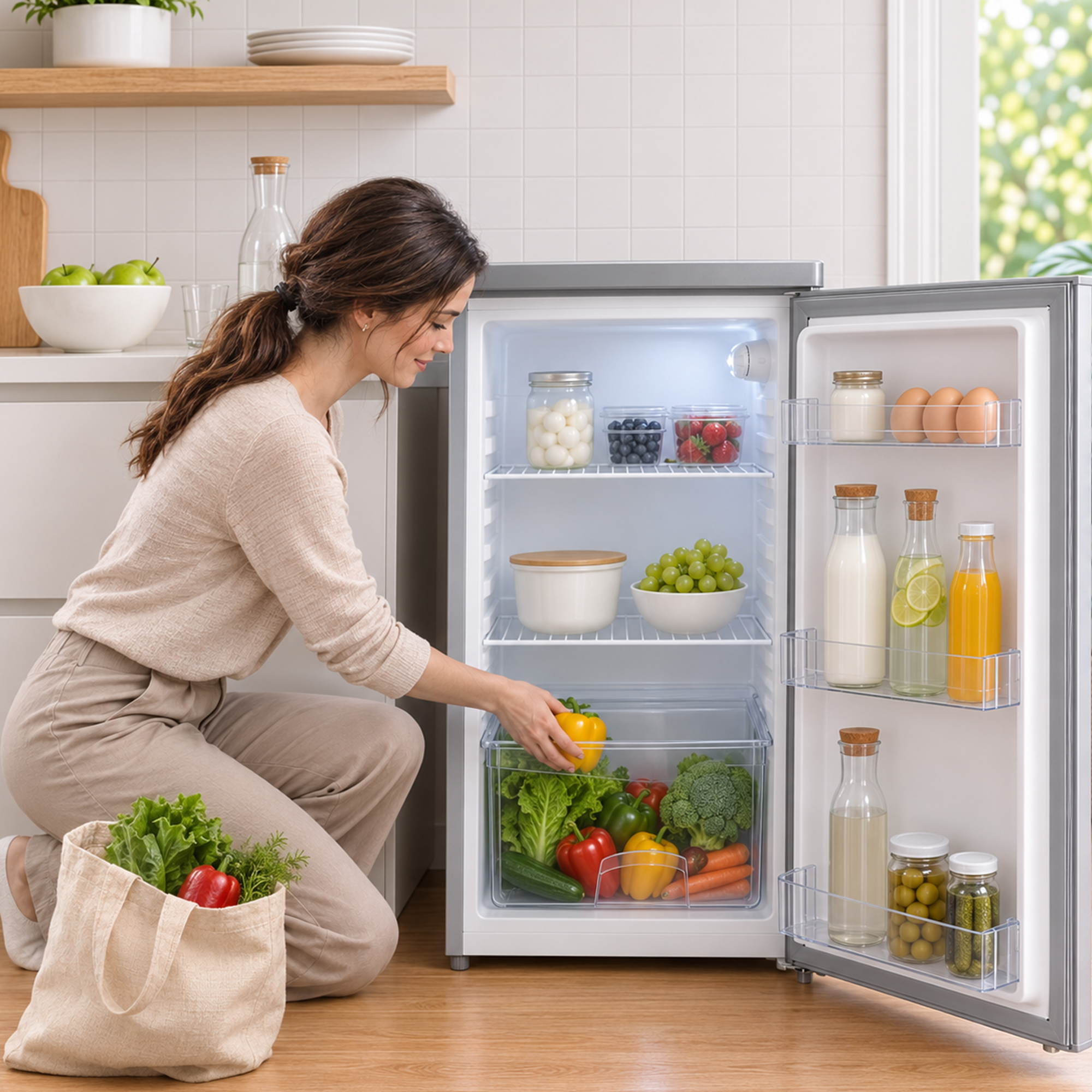 Frau in beiger Kleidung legt gelbe Paprika in den offenen kleinen Kühlschrank mit Lebensmitteln.