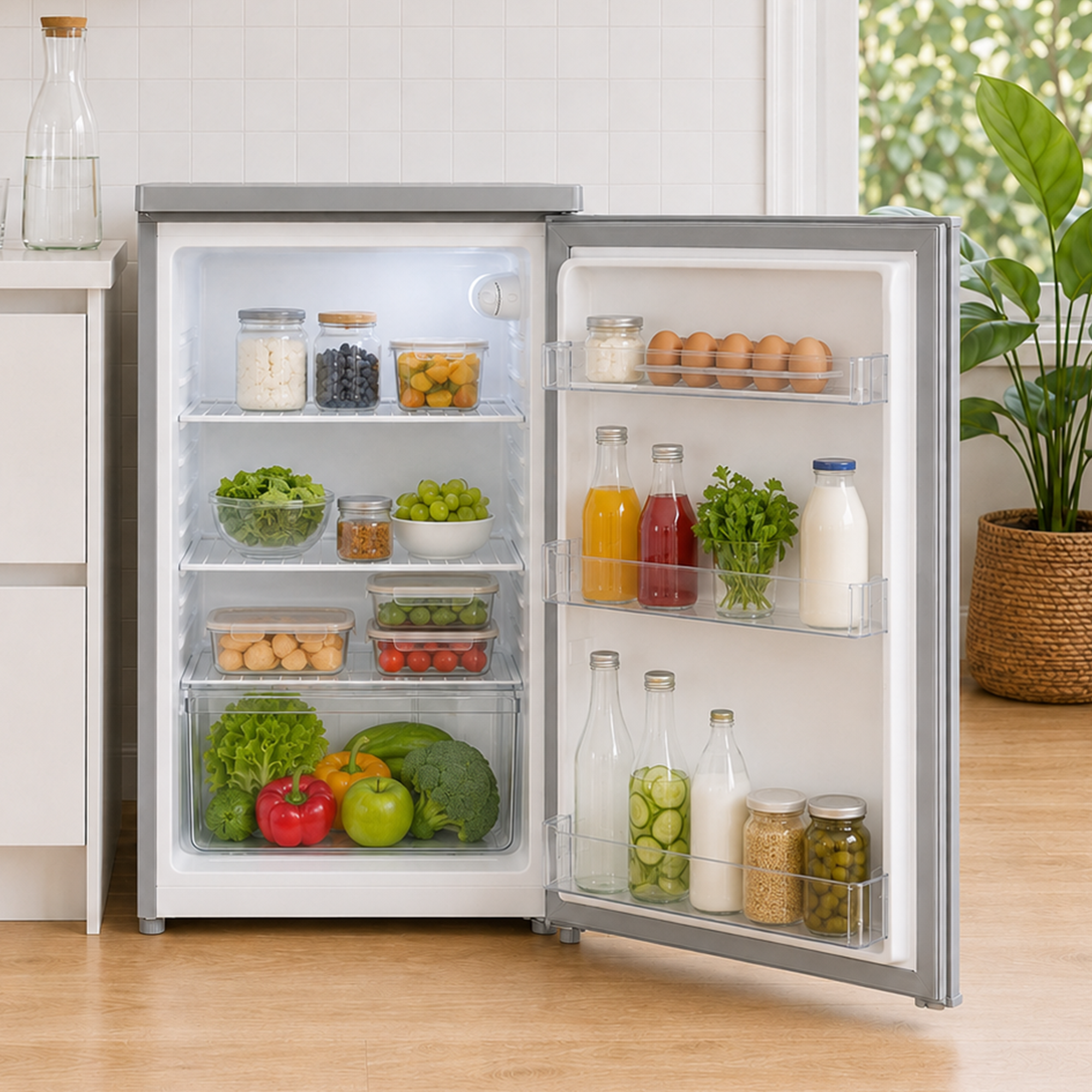 Ein offener, silberner Kleinkühlschrank gefüllt mit frischem Obst, Gemüse, Getränken und Eiern.