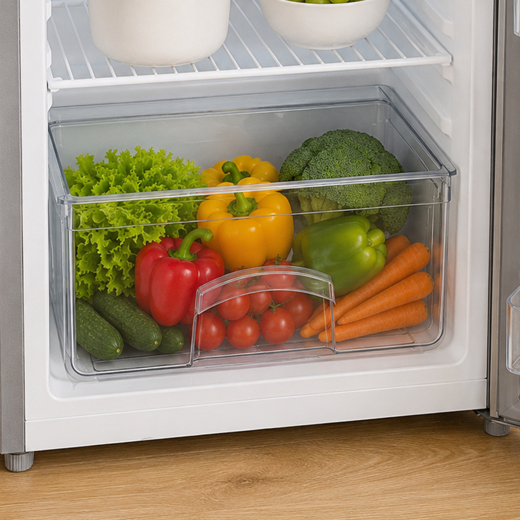 Ein Gemüsefach im Kühlschrank mit frischem Gemüse wie Salat, Paprika, Brokkoli und Karotten.