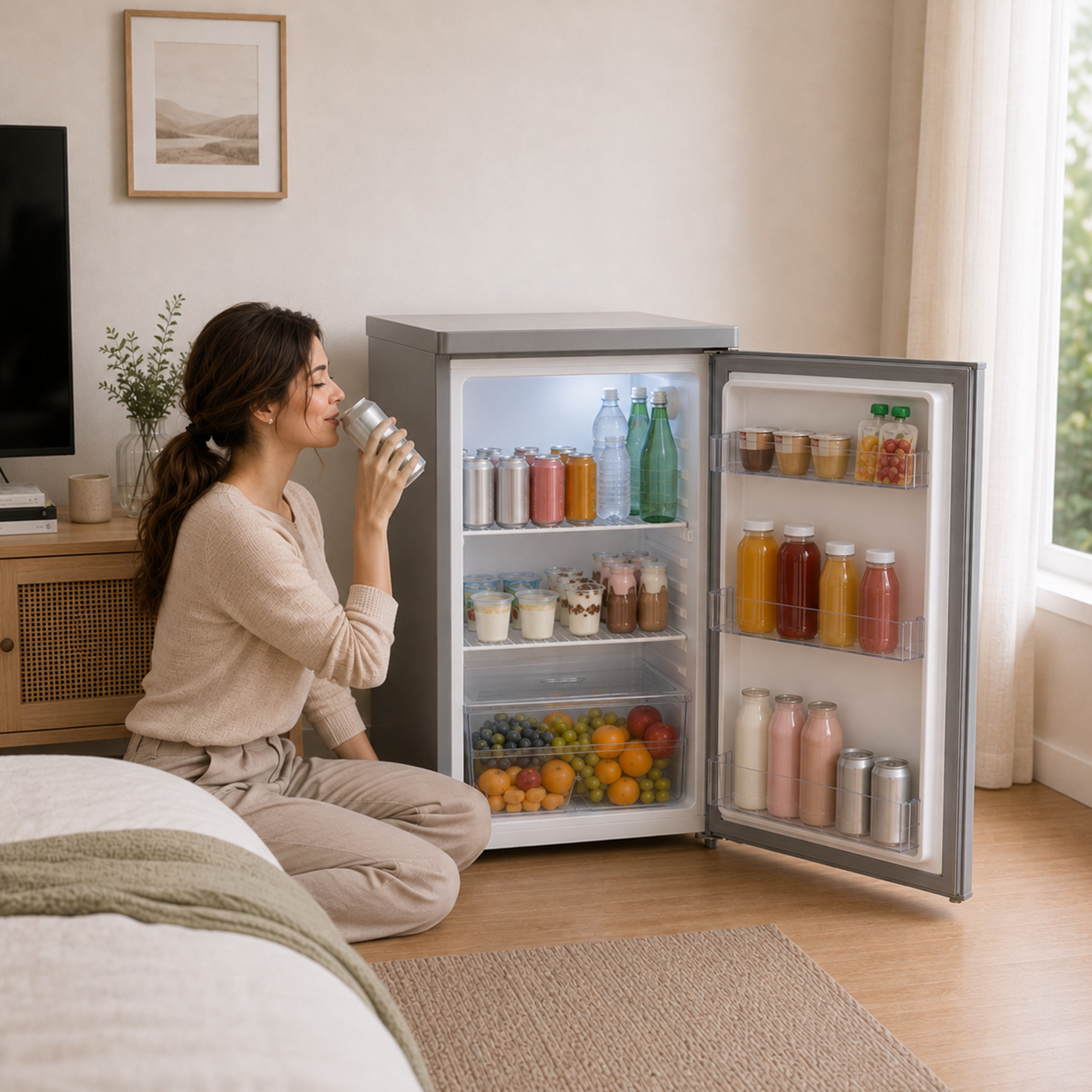 Une femme assise près d'un mini-réfrigérateur ouvert rempli de boissons et de fruits boit dans une canette.