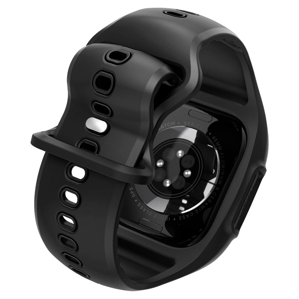 Smartwatch nero con cinturino integrato e sensori sul retro su sfondo bianco.