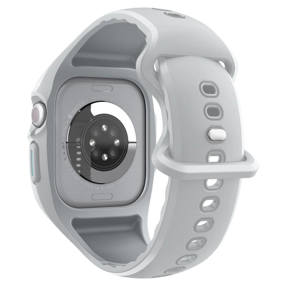 Un Apple Watch bianco con custodia protettiva e cinturino in silicone, visto da dietro su sfondo bianco.