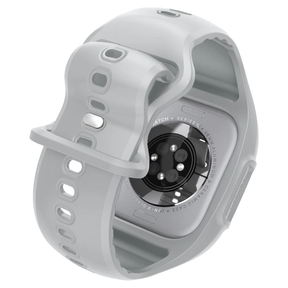 Uno smartwatch grigio chiaro con cinturino in silicone traforato e sensori sul retro, su sfondo bianco.