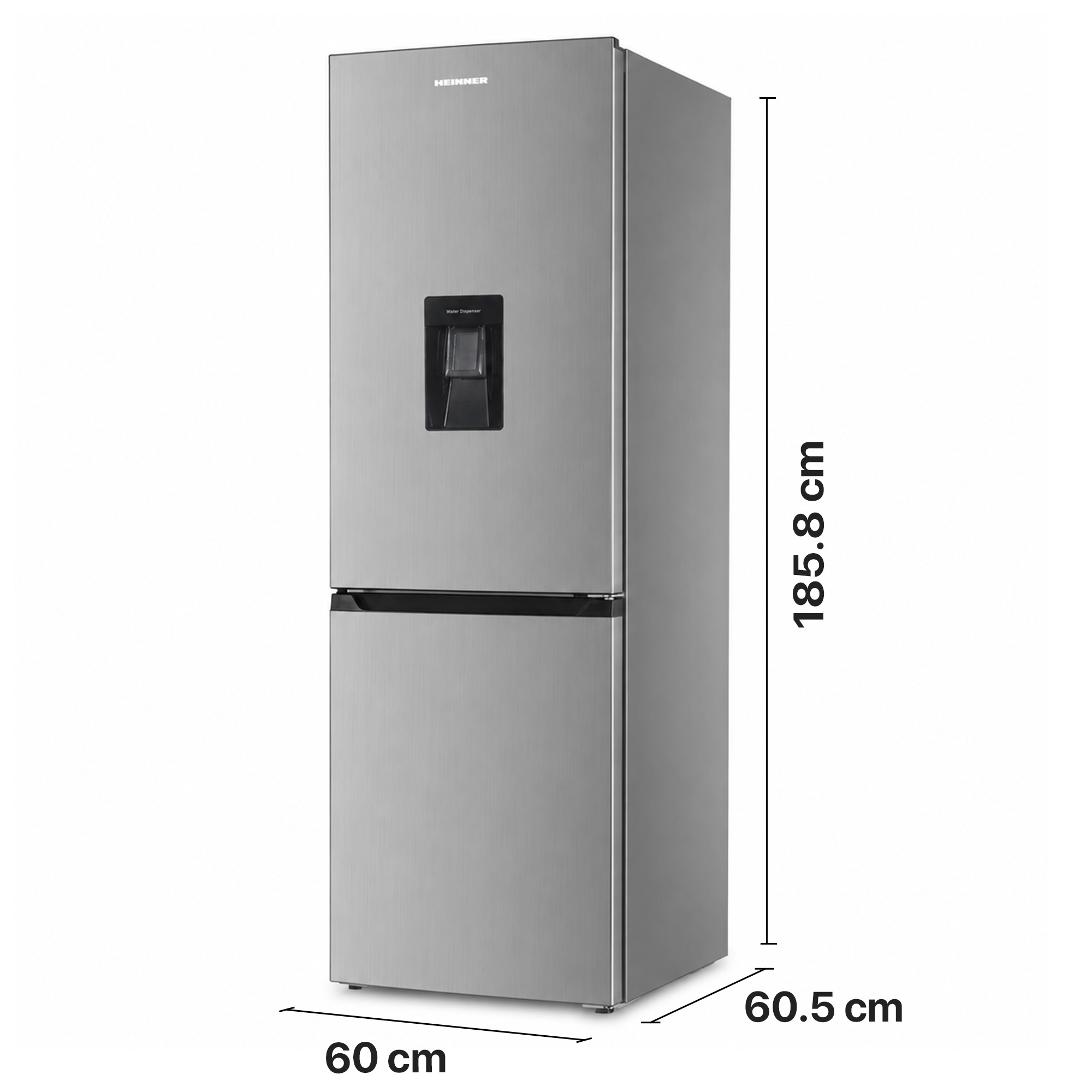 Réfrigérateur Heinner argenté de 185,8x60x60,5 cm avec distributeur d'eau intégré.