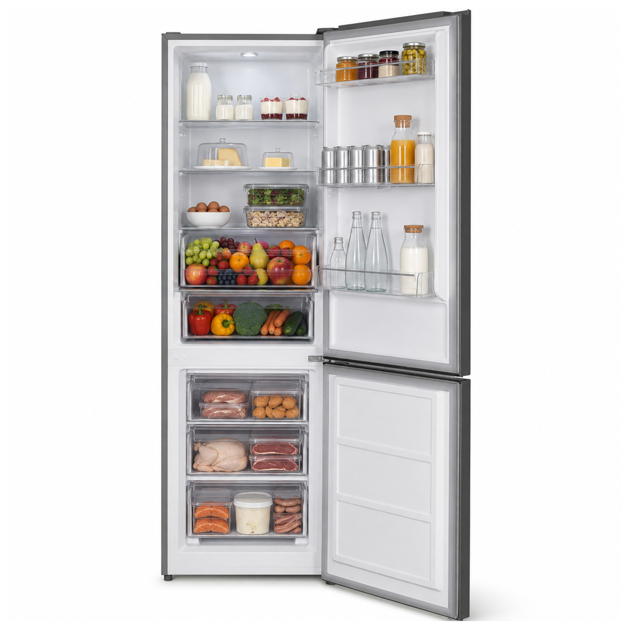 Un réfrigérateur ouvert rempli de produits laitiers, de fruits frais, de légumes, de boissons et de divers aliments.