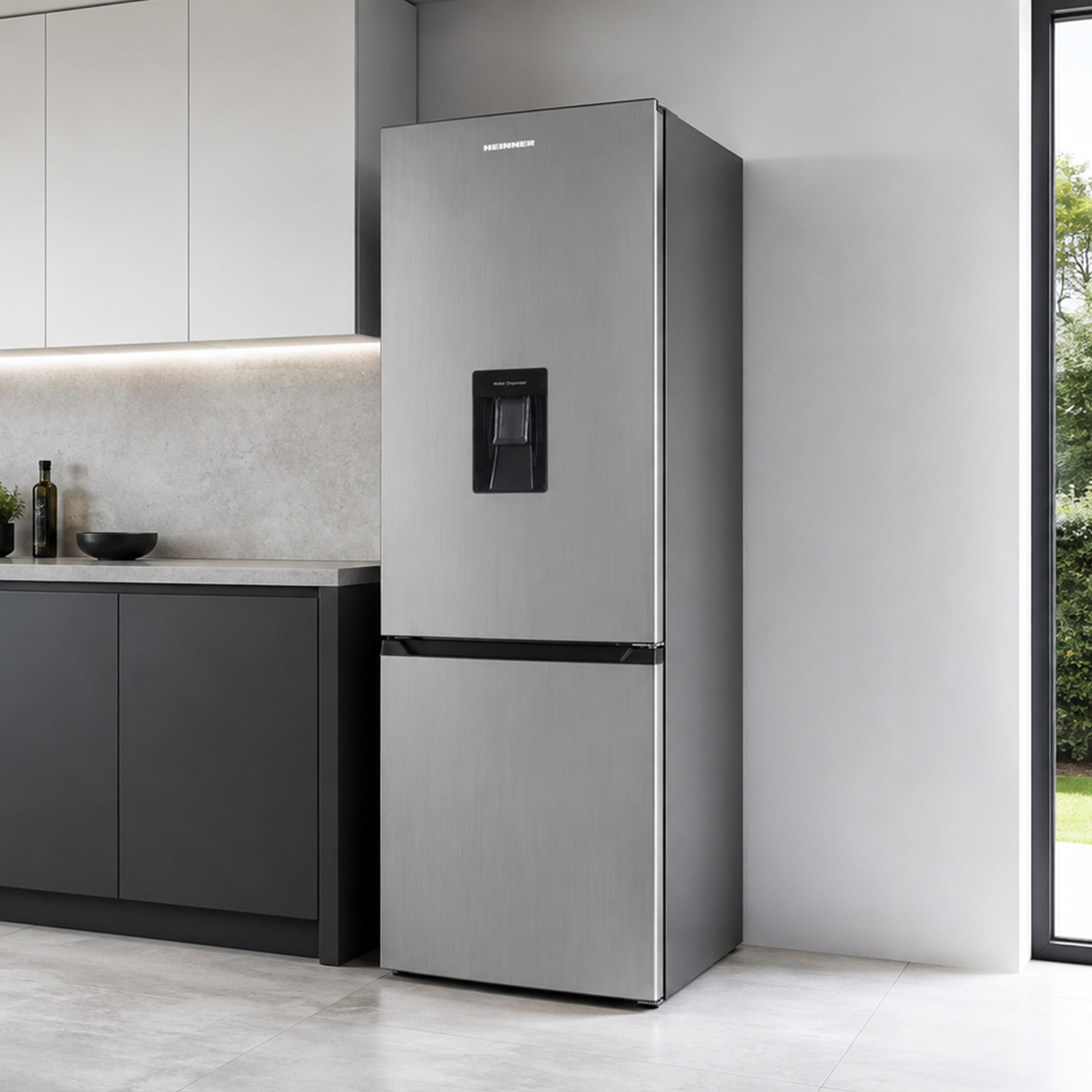 Un réfrigérateur en acier inoxydable avec distributeur d'eau dans une cuisine moderne aux placards gris et fenêtre.