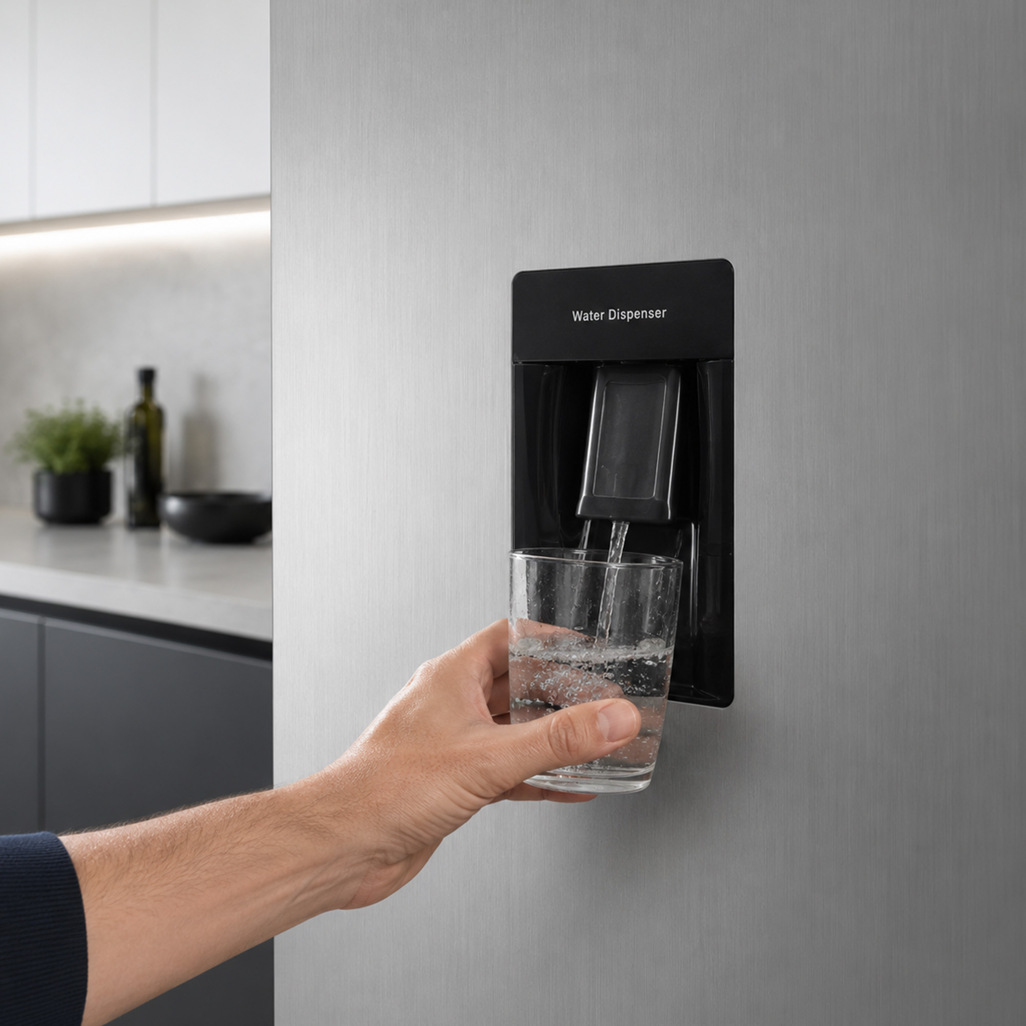 Une personne remplit un verre d'eau d'un distributeur sur un réfrigérateur.