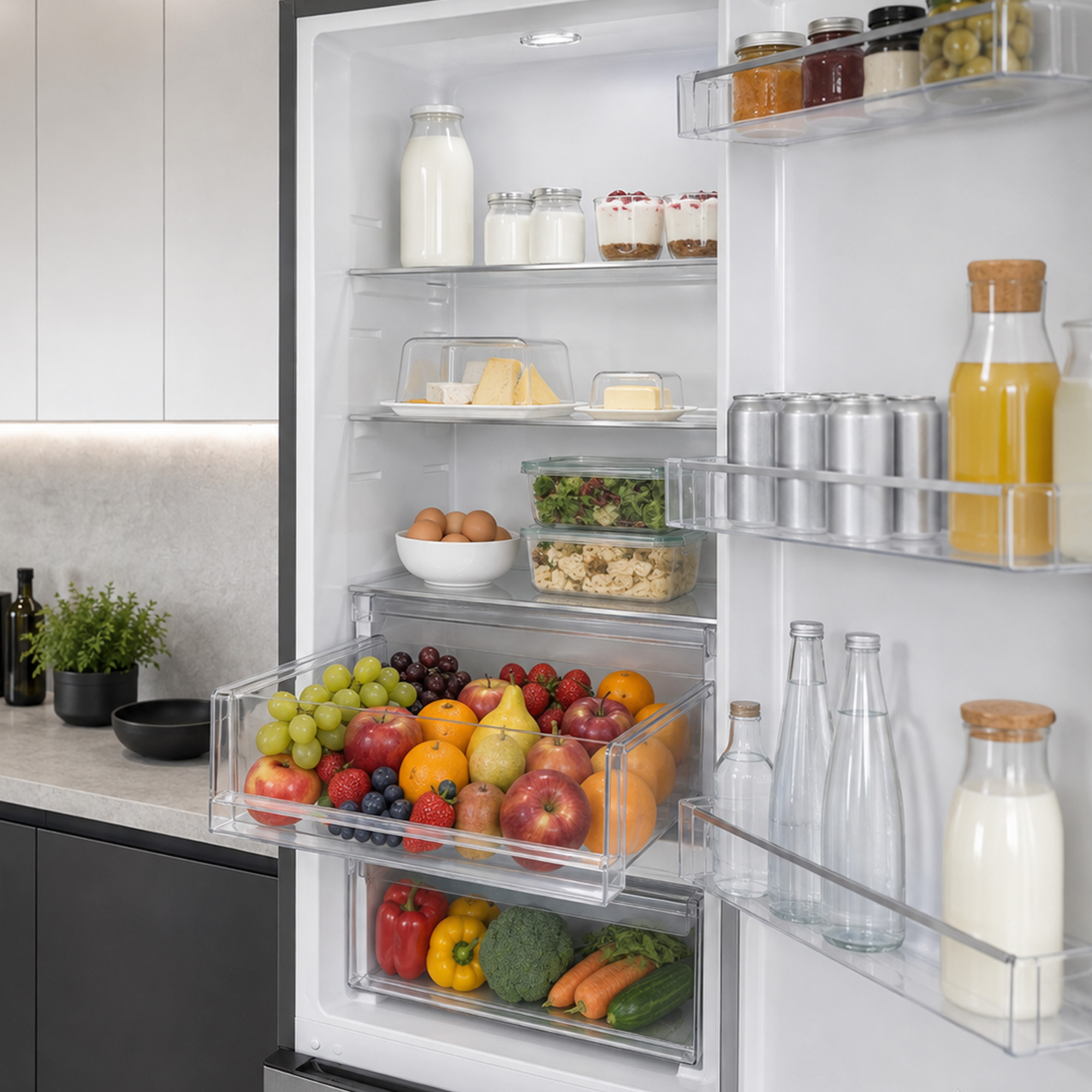 Un réfrigérateur ouvert rempli de fruits frais, de légumes, de produits laitiers et de boissons sur les étagères.
