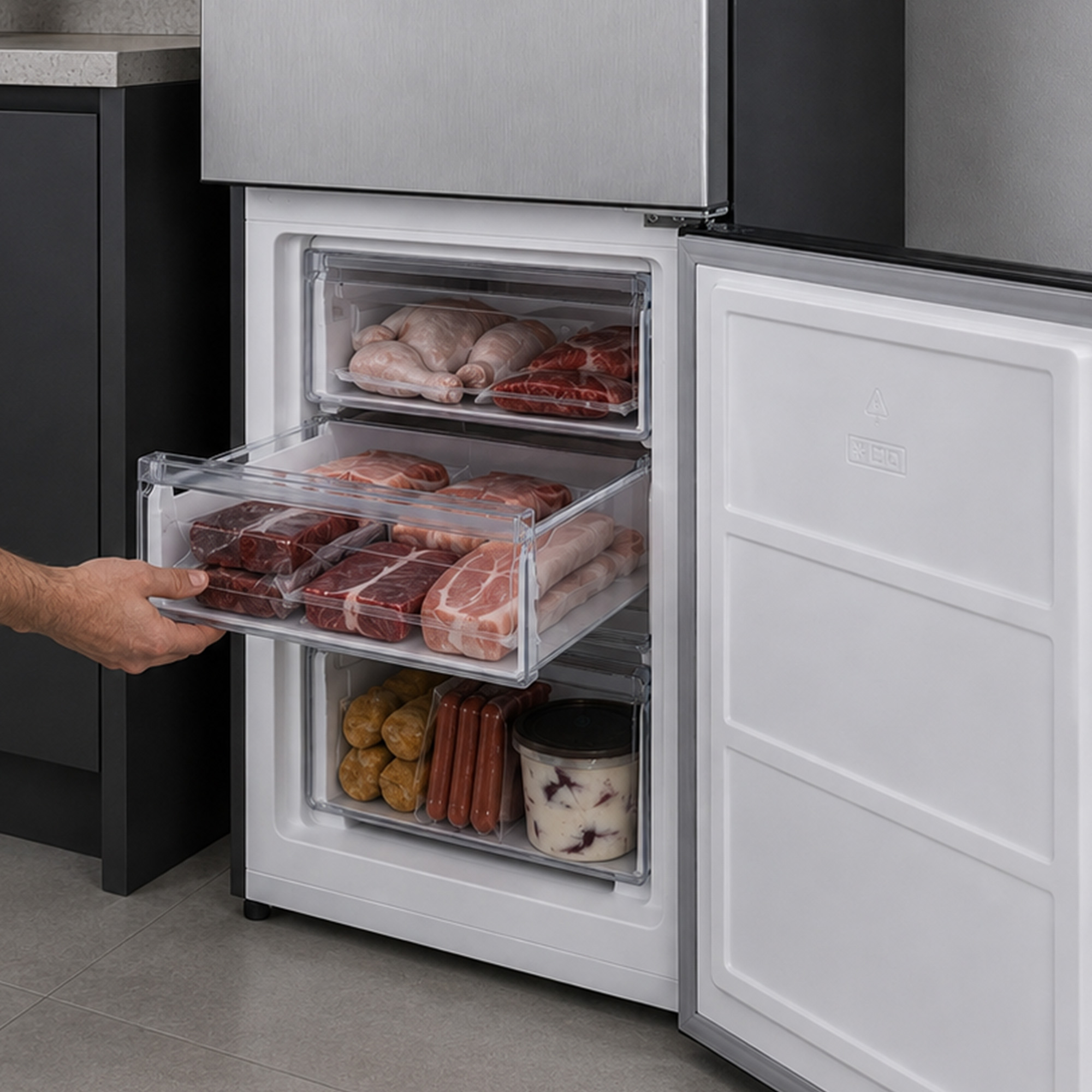 Une main tire un tiroir de congélateur rempli de viande crue et d'aliments dans un réfrigérateur moderne.