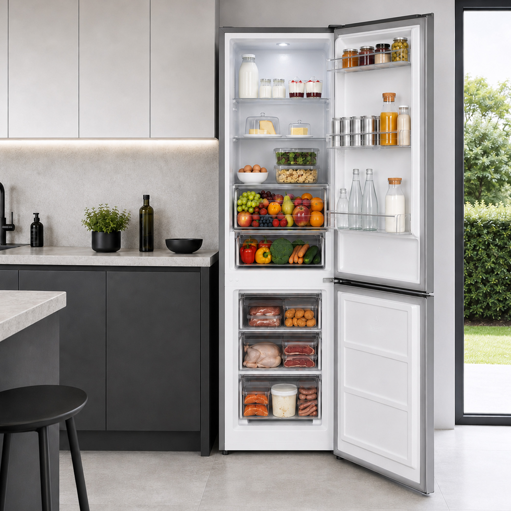 Un réfrigérateur argenté ouvert dans une cuisine moderne, rempli de fruits, de légumes et de bocaux.