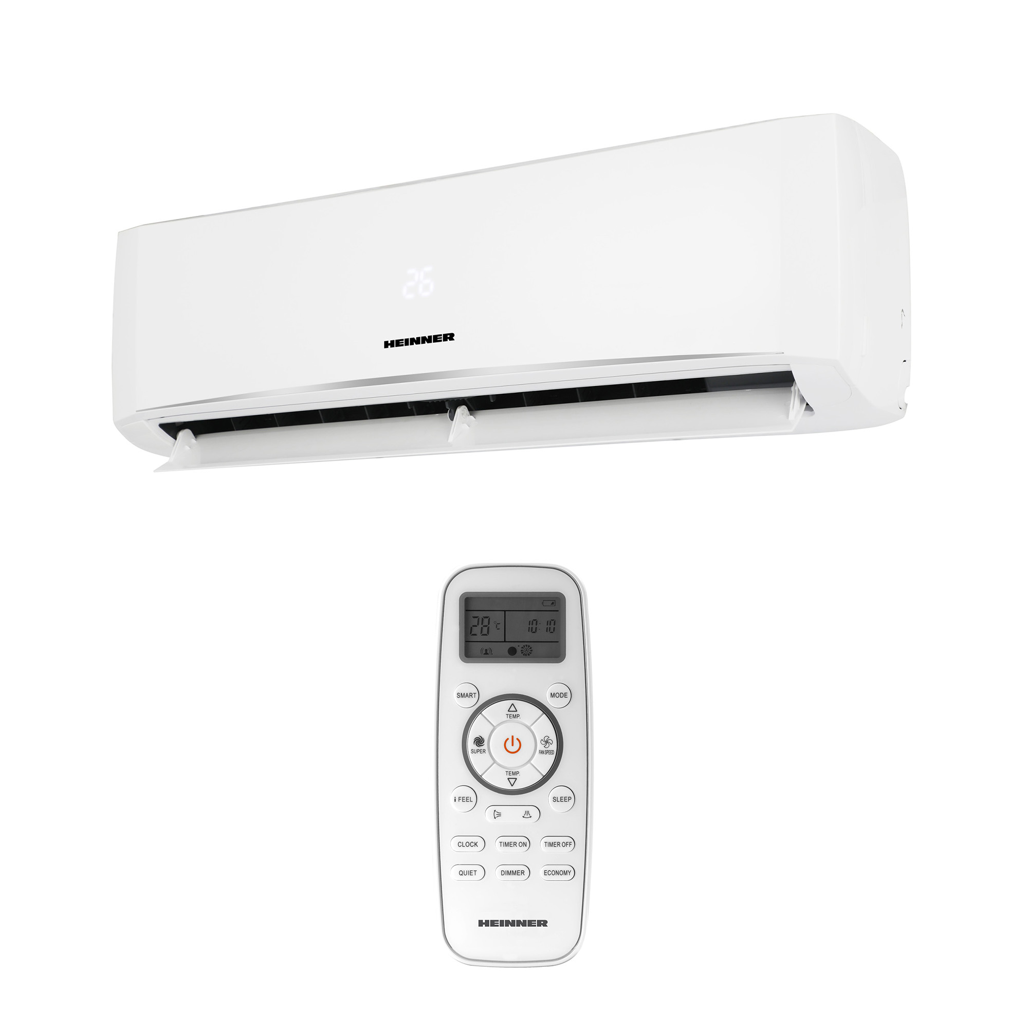 White Heinner air conditioner unit with a digital display and matching remote control.