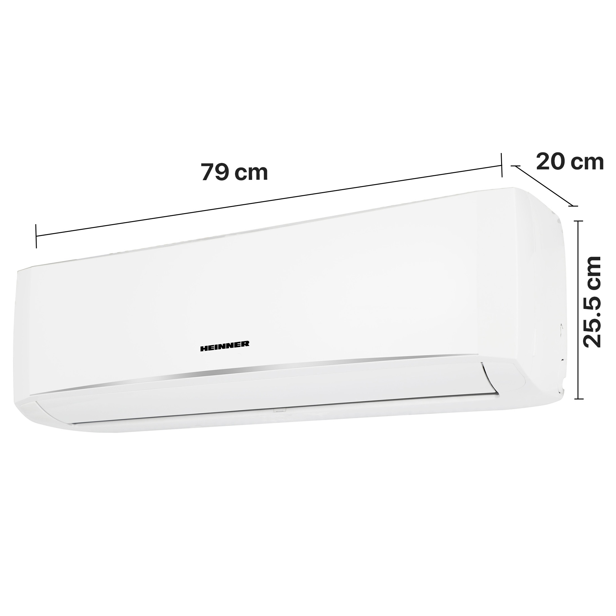 A white Heinner air conditioner unit with dimension lines showing 79 cm width, 20 cm depth, and 25.5 cm height.