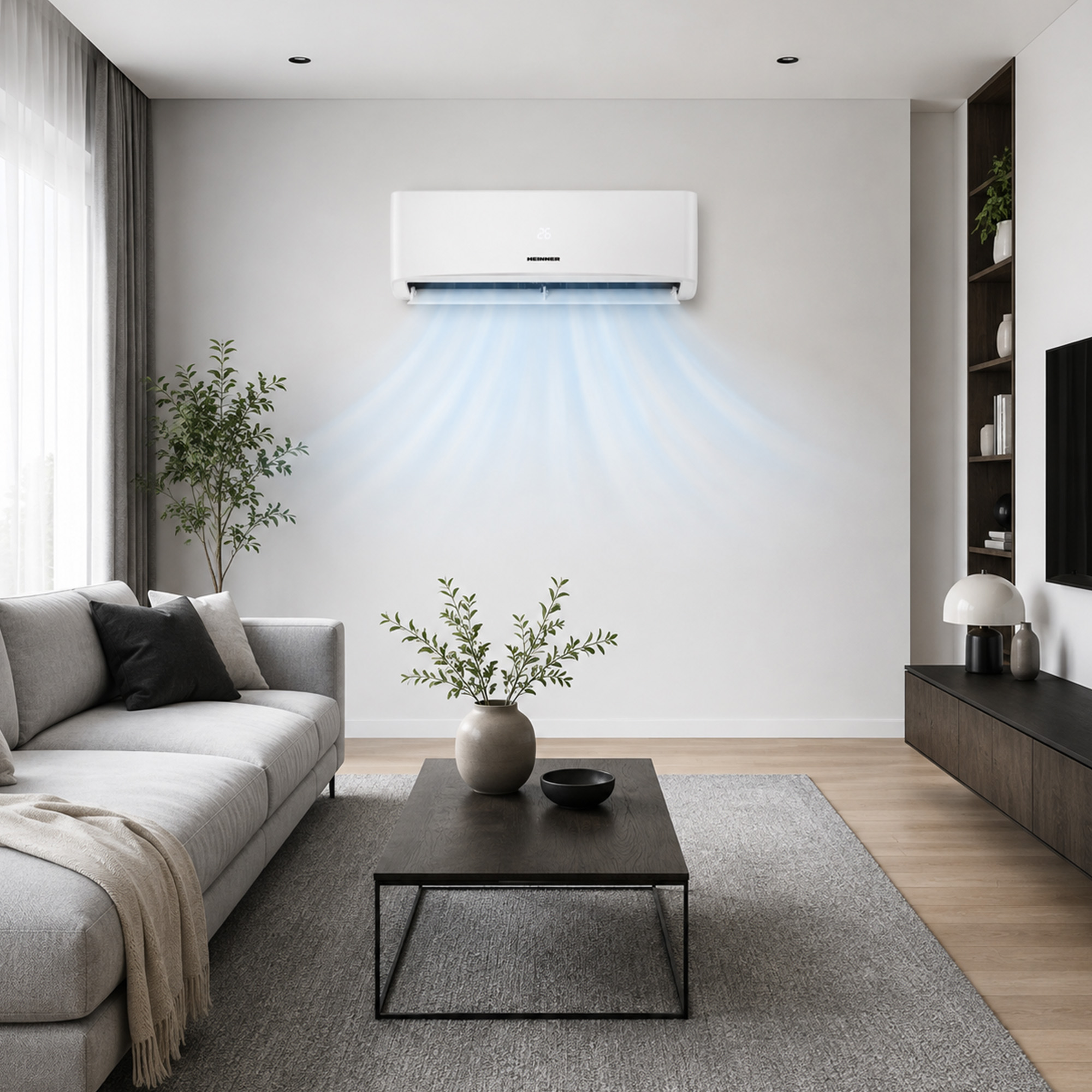 Living room with a sofa, coffee table, and an air conditioner blowing cool air.