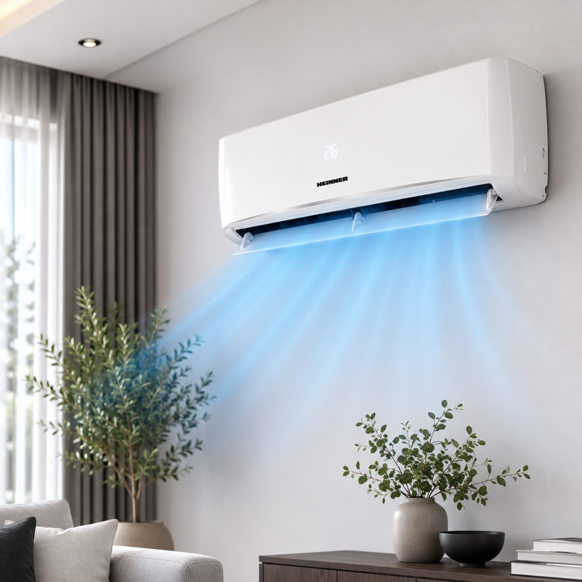 A white AC unit on the wall blows cool blue air into a room with indoor plants and furniture.