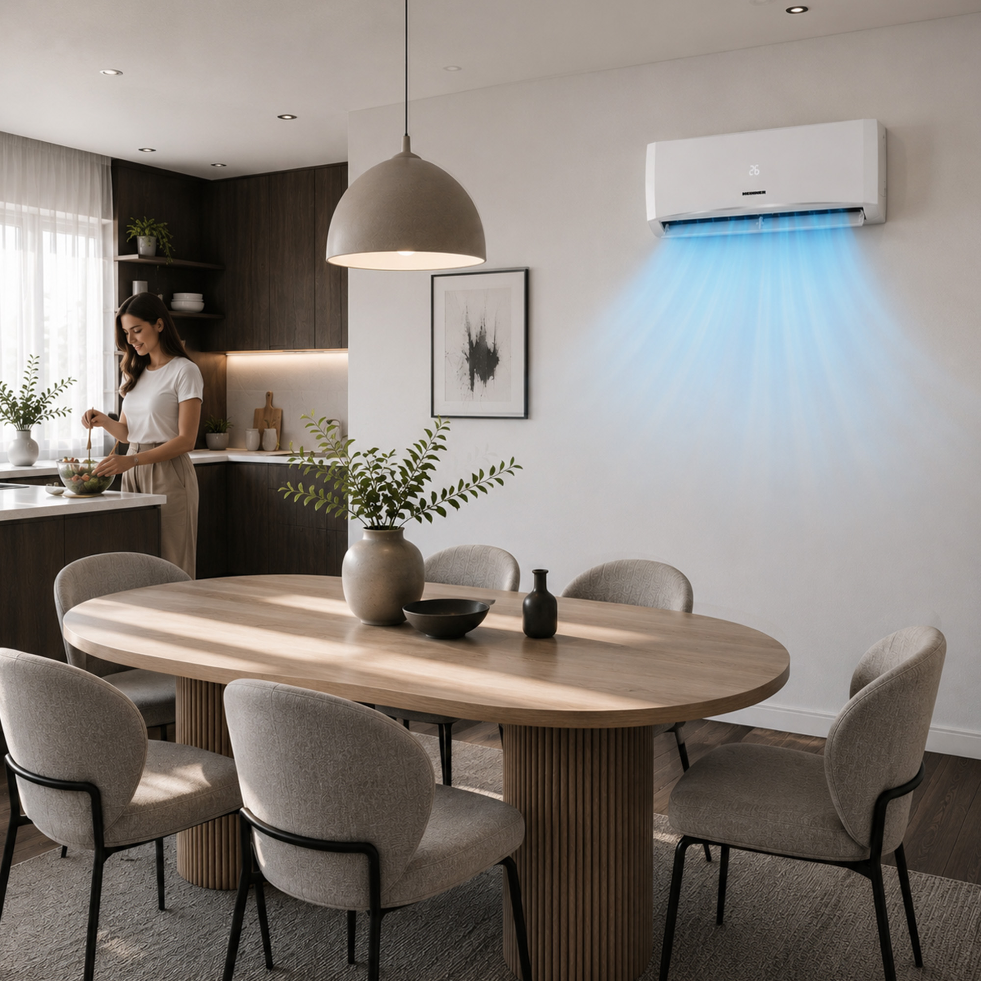 A wall-mounted AC blows cool blue air in a modern dining room with a wooden table and a woman in the kitchen.
