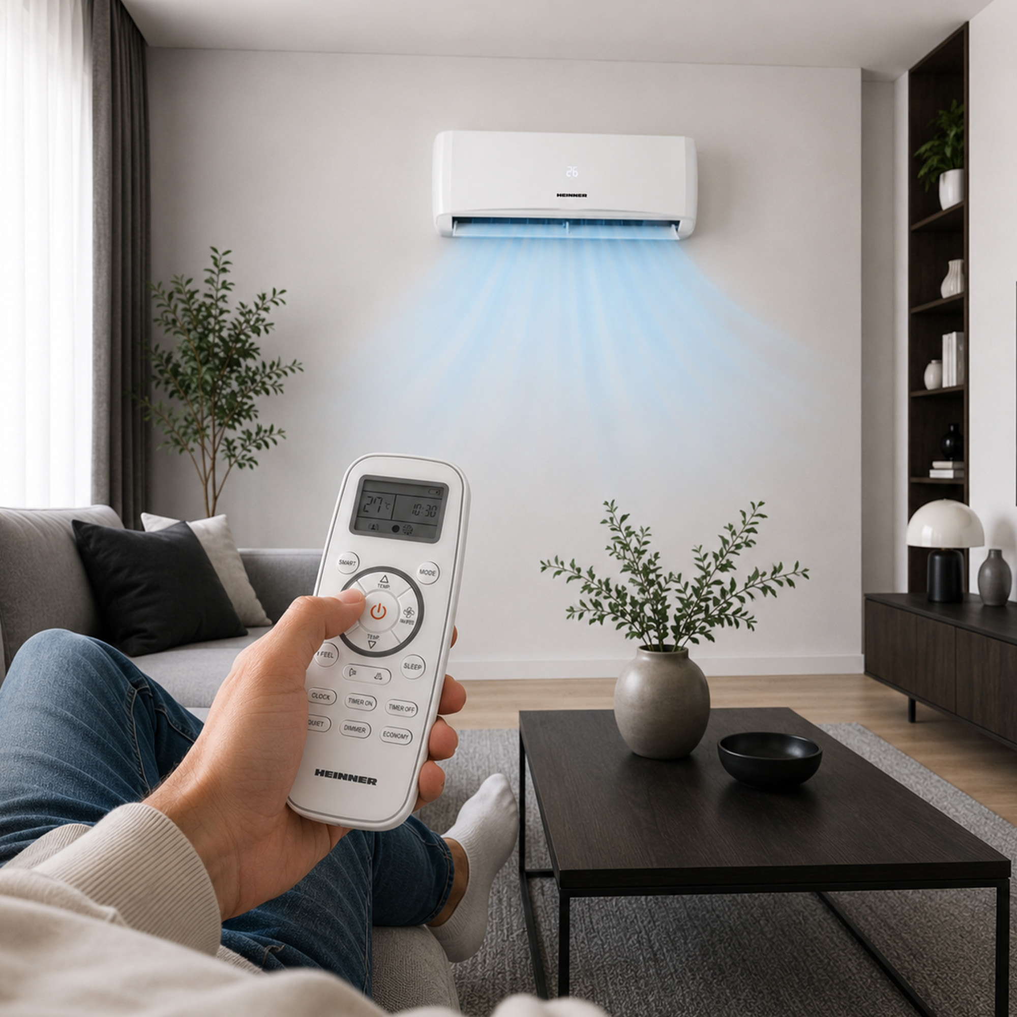 Hand holds a remote while an air conditioner blows cool air in a modern living room.