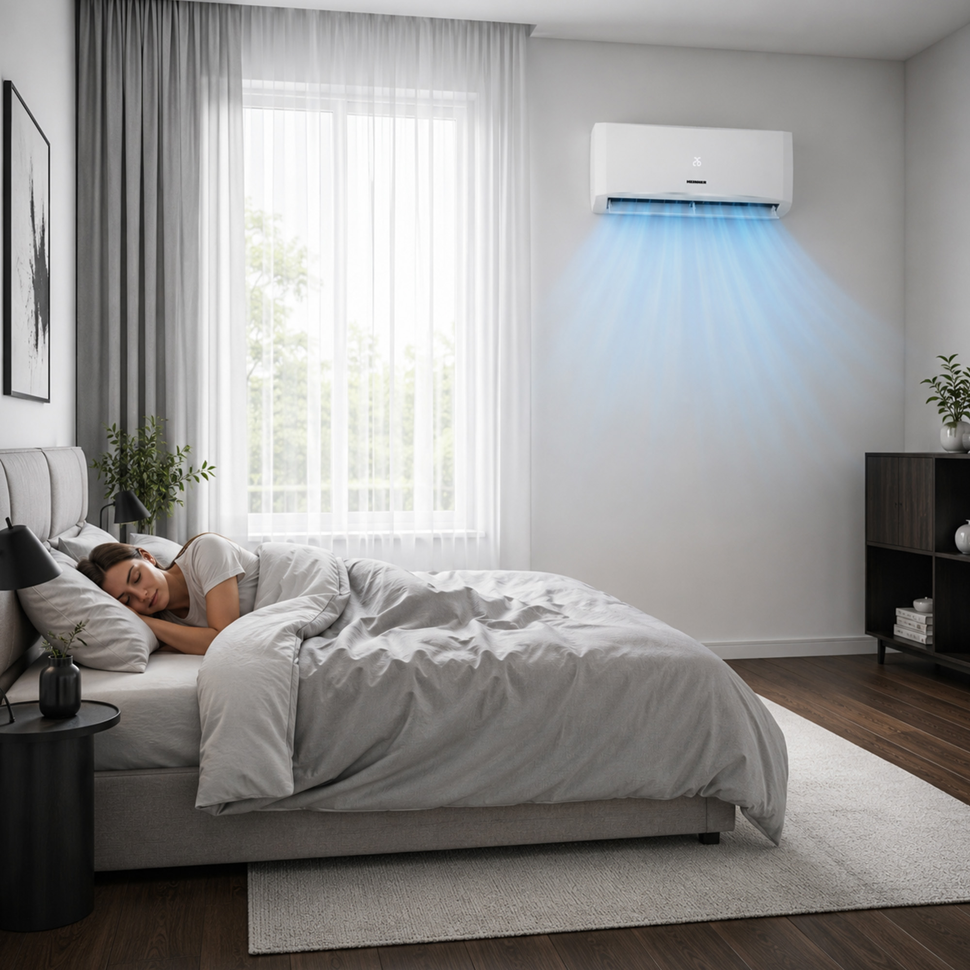 A woman sleeps in bed while a white wall-mounted air conditioner blows cool blue air above her in a bright bedroom.