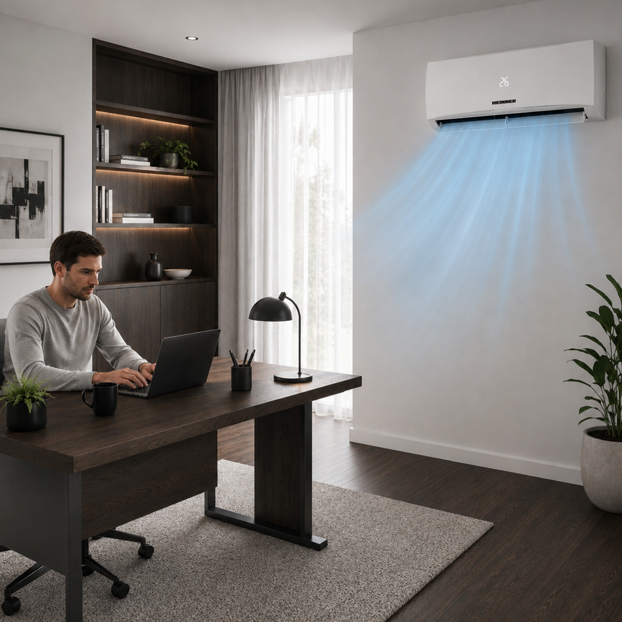 A man sits at a wooden desk working on a laptop, while an air conditioner blows cool air into the room.
