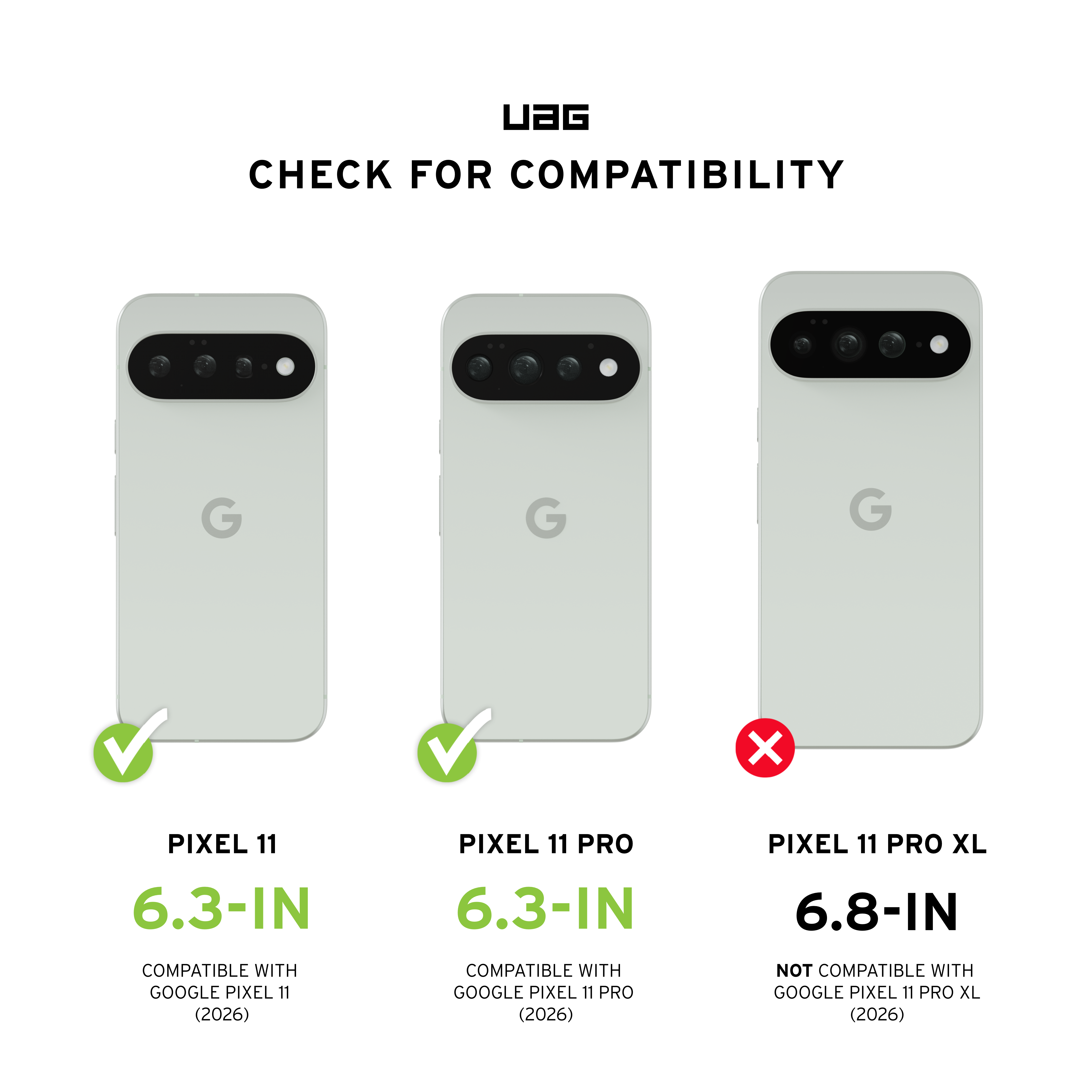 Drei helle Smartphones mit Google-Logo; zwei mit grünem Häkchen und 6.3-IN, eines mit rotem Kreuz.