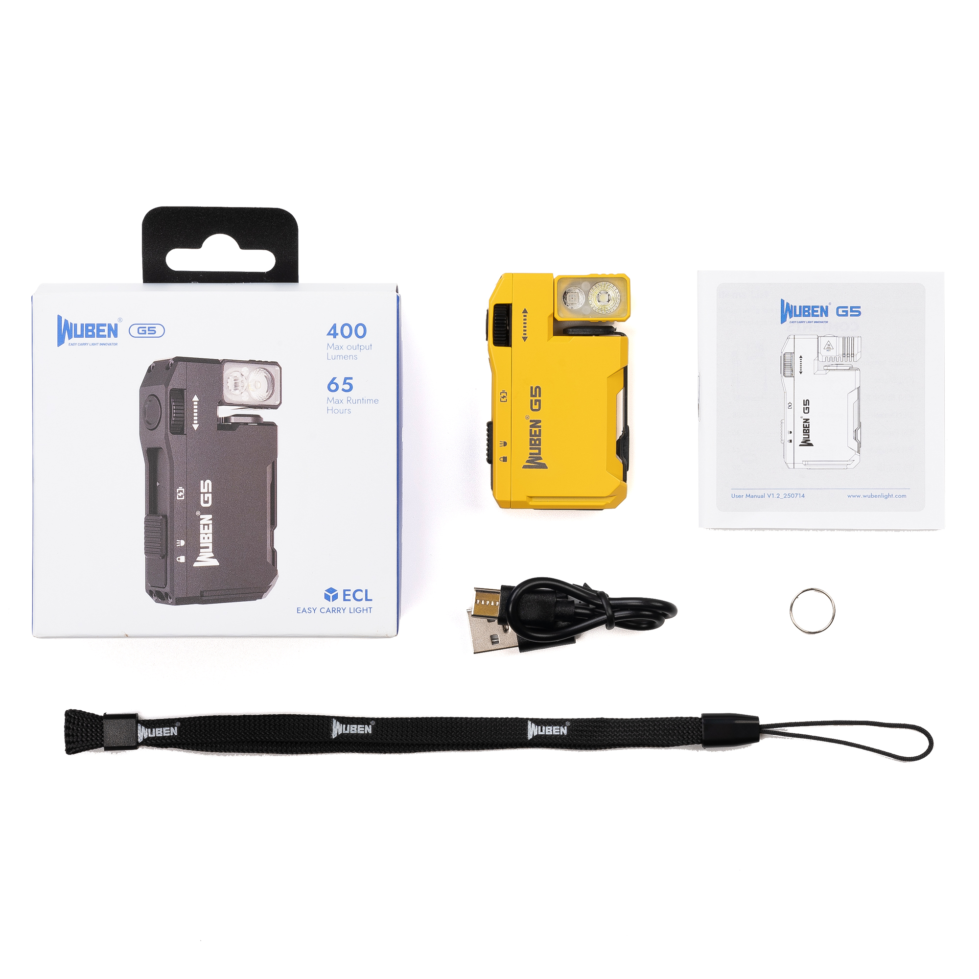 Gelbe Wuben G5 Taschenlampe, Box, Ladekabel, Handschlaufe, Anleitung und Schlüsselring auf weißem Hintergrund.