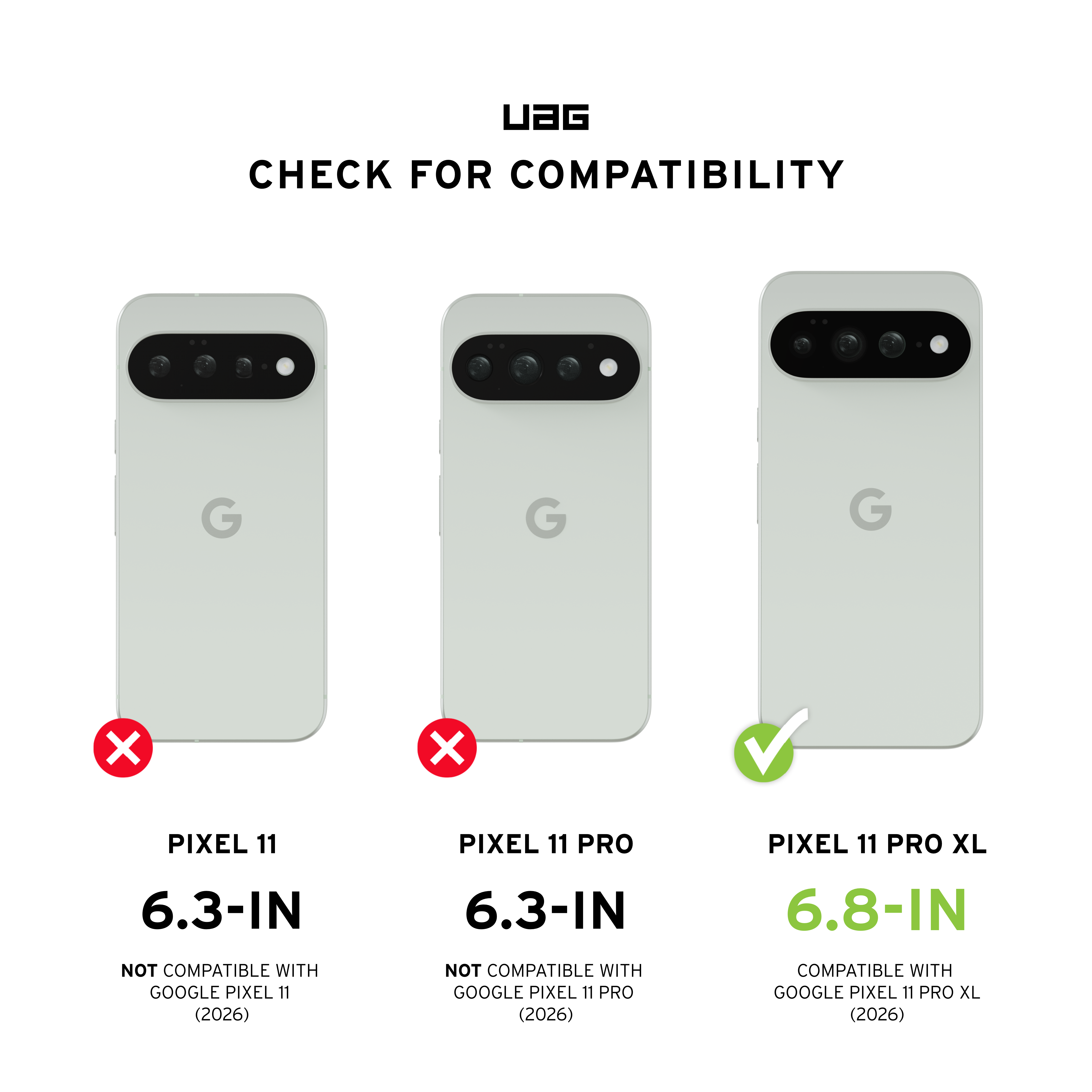 Drei helle Smartphones mit Google-Logo. Das rechte ist mit einem Haken markiert und hat 6.8 Zoll.