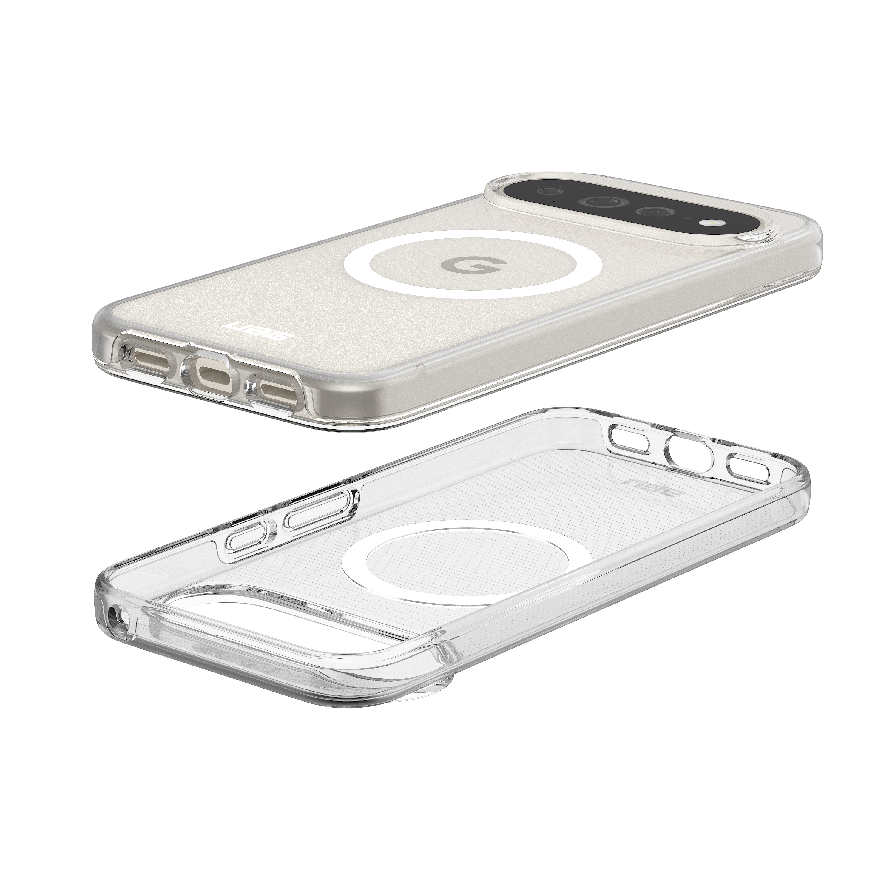 Una cover trasparente per telefono con anello MagSafe, mostrata da due angolazioni su sfondo nero.