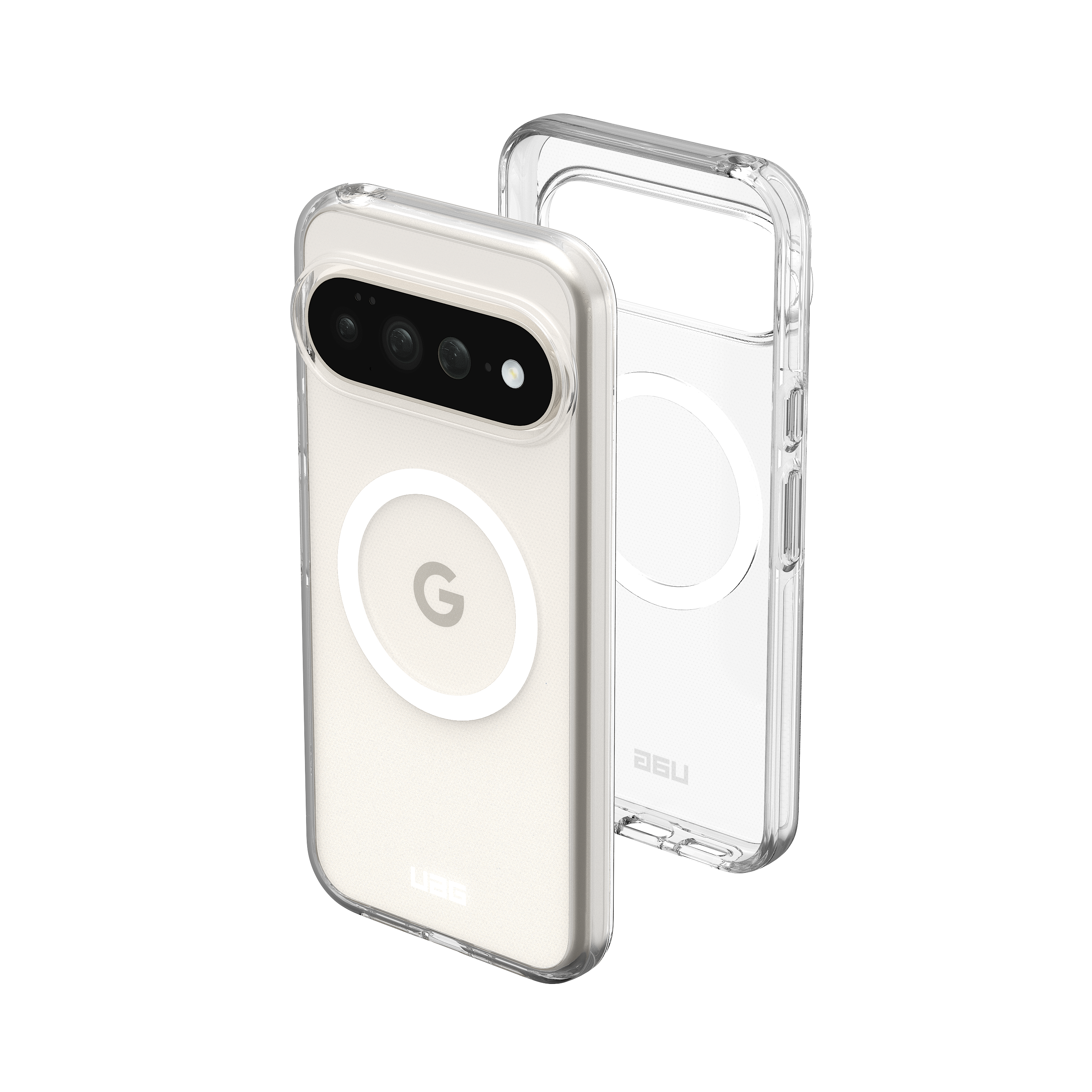 Custodia per telefono trasparente con anello MagSafe e ritaglio per fotocamera per Google Pixel su sfondo nero.
