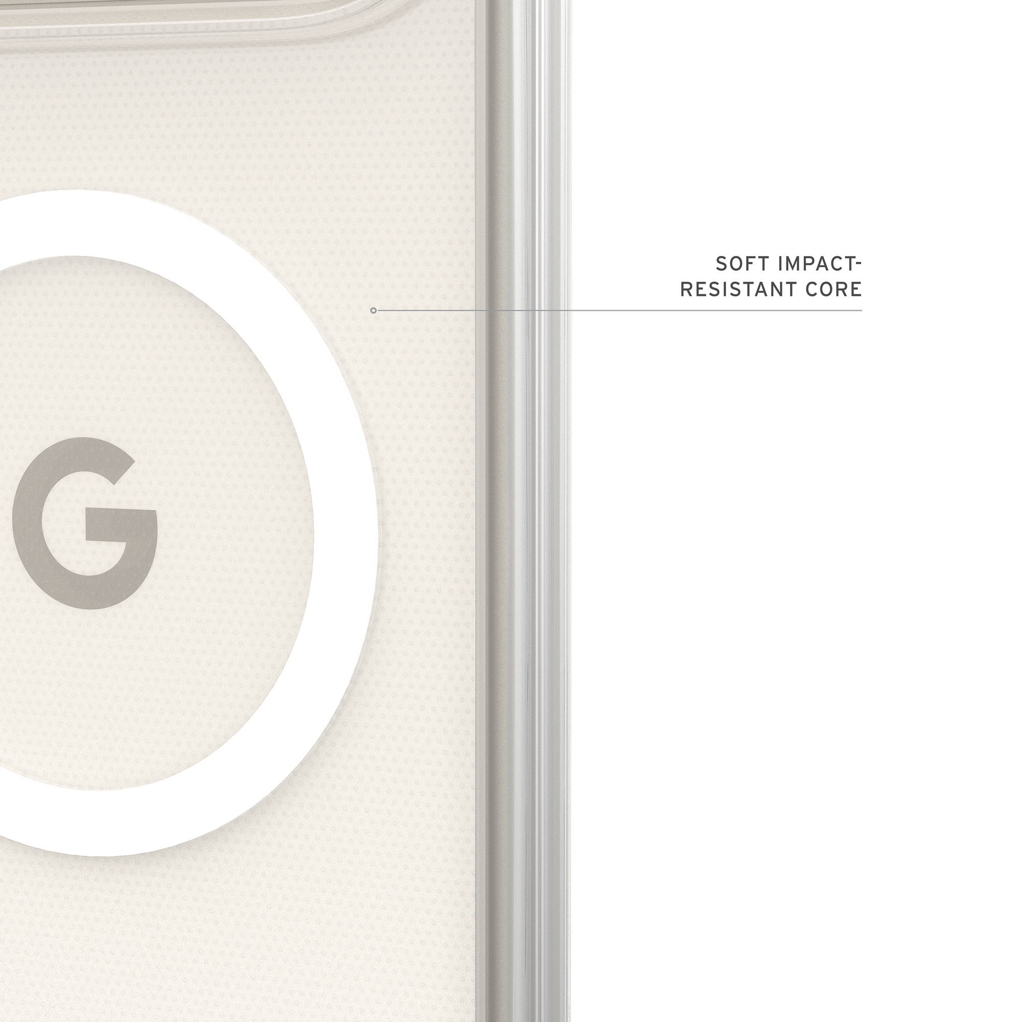 Primo piano di una custodia per telefono con la scritta Soft Impact-Resistant Core.
