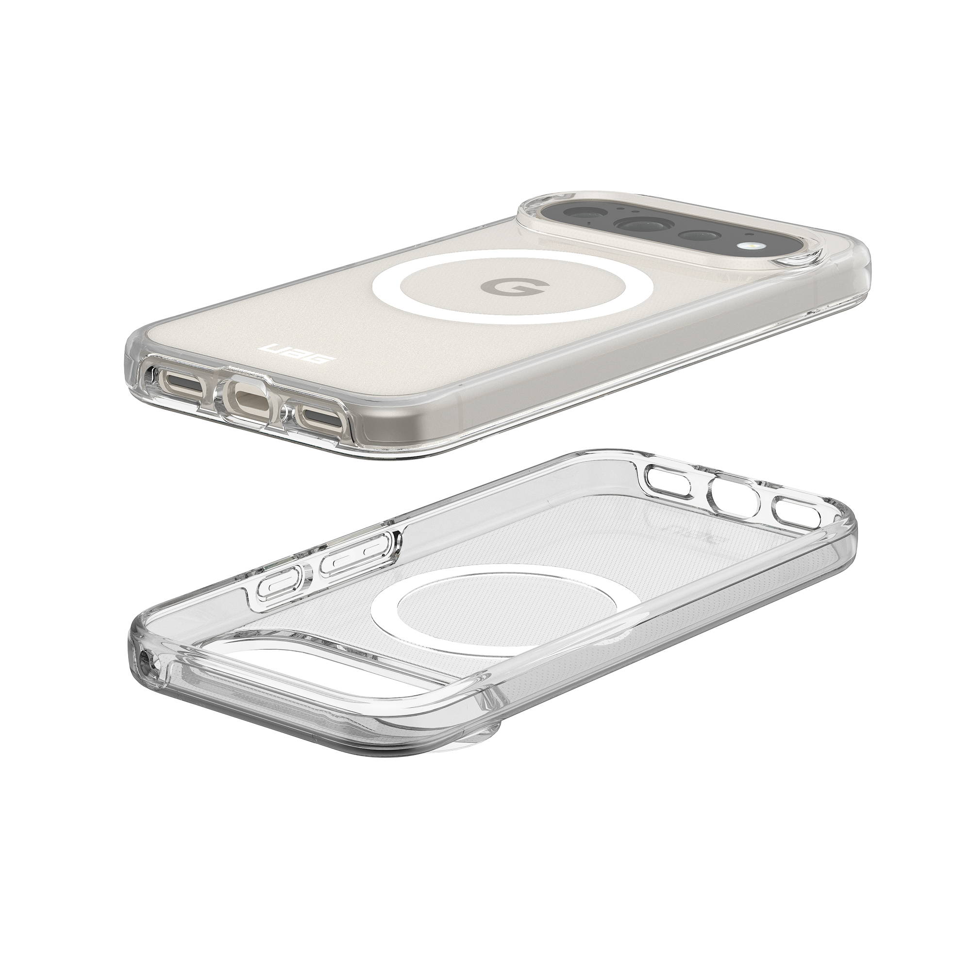 Transparente Schutzhülle für ein Smartphone mit MagSafe-Ring und präzisen Ausschnitten auf weißem Hintergrund.