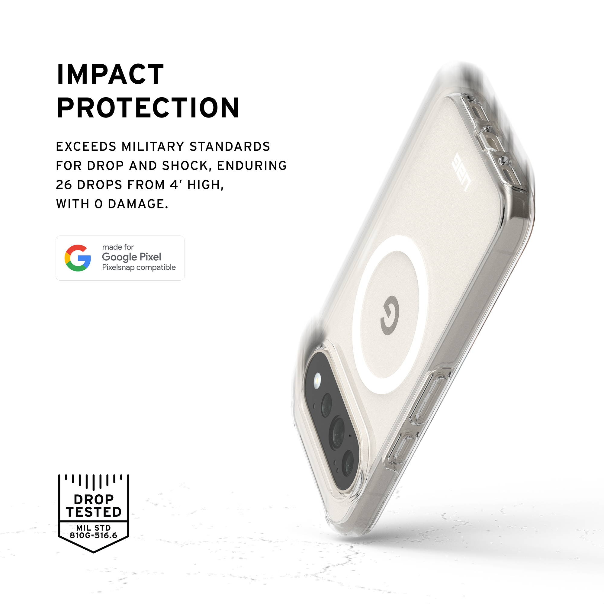 Transparente Schutzhülle mit MagSafe-Ring und Text zur Aufprallschutzprüfung für Pixel-Handys.