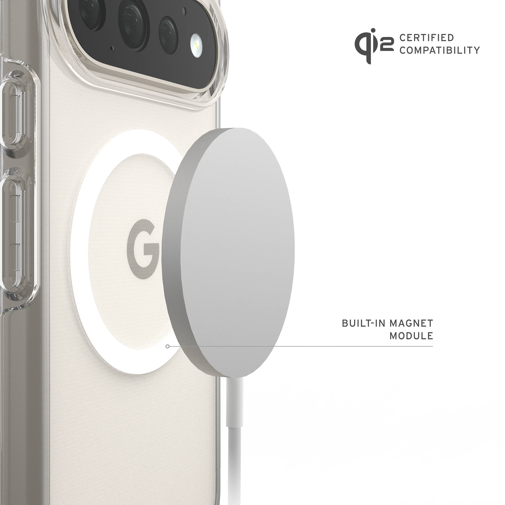 Eine Handynummer mit einer Magnetschale und der Aufschrift Qi2 Certified Compatibility.