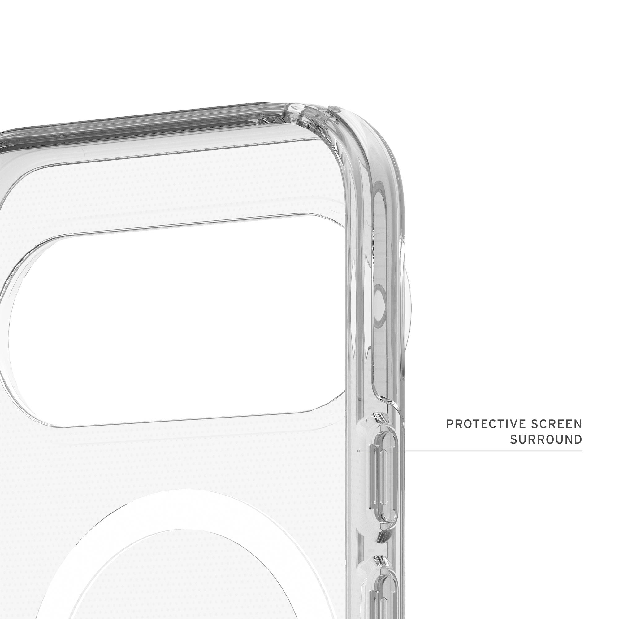 Nahaufnahme einer klaren Handyhülle mit der Aufschrift PROTECTIVE SCREEN SURROUND.
