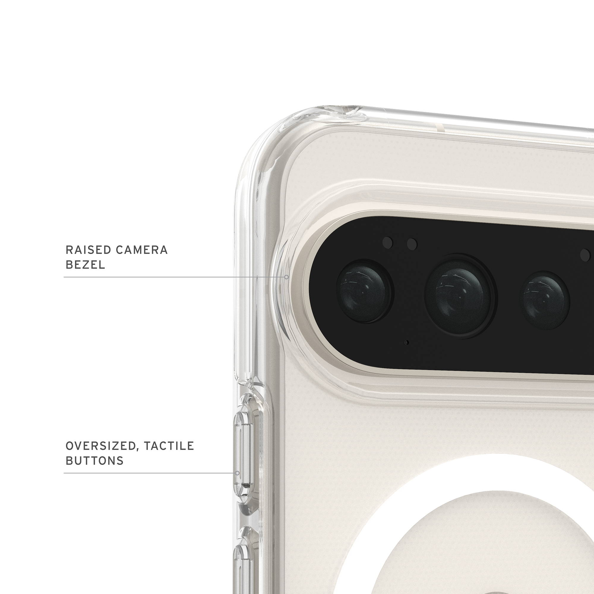 Nahaufnahme eines Smartphones mit transparenter Hülle, die erhöhte Kameraeinfassung und taktile Tasten.
