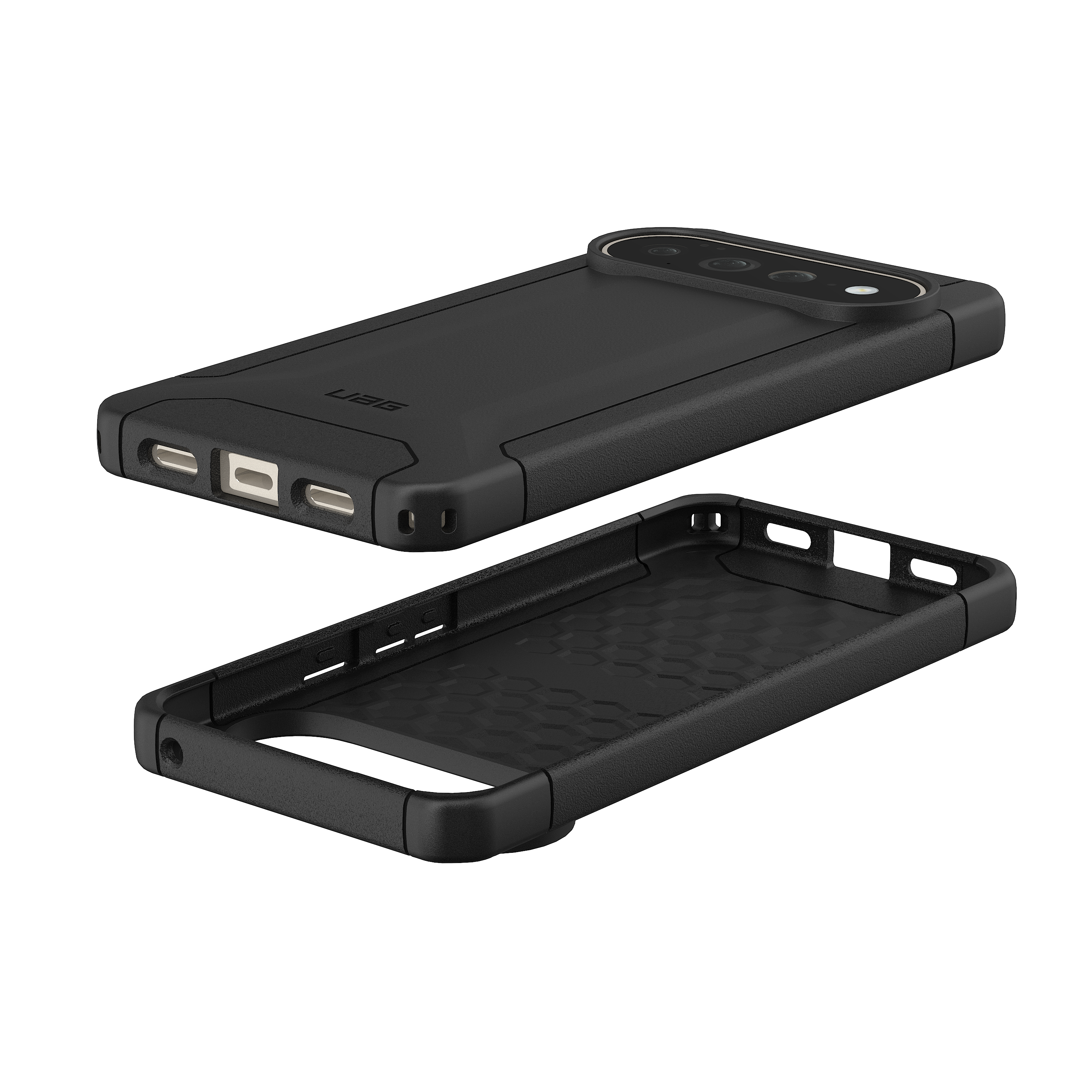 Eine schwarze, robuste Smartphone-Hülle aus zwei Blickwinkeln mit strukturierter Rückseite und verstärkten Ecken vor schwarzem Hintergrund.
