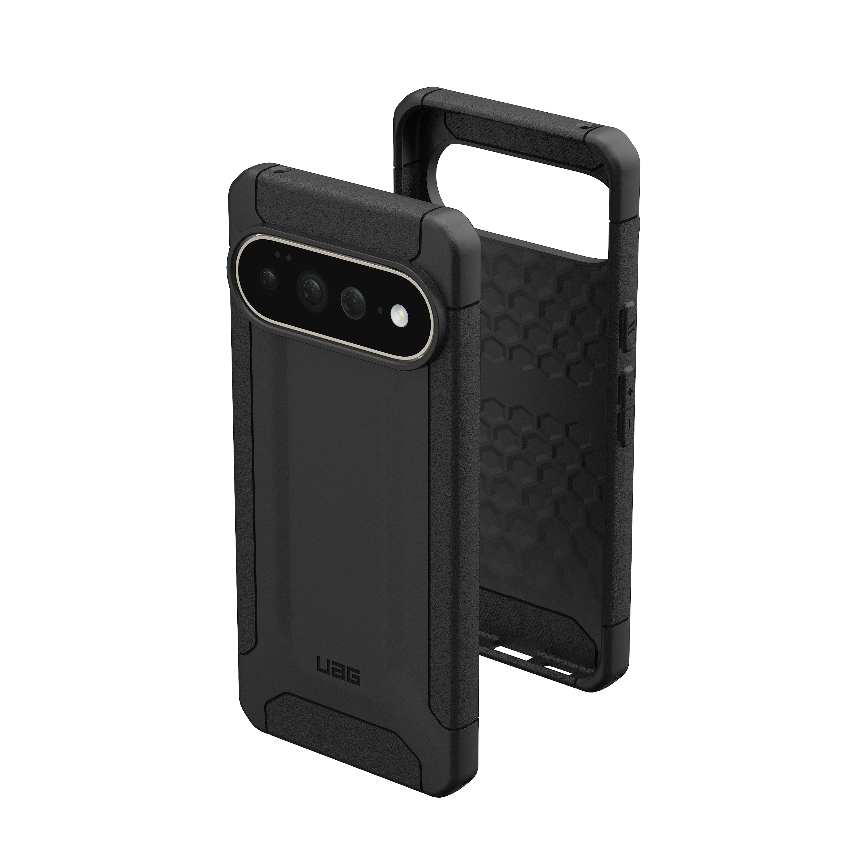 Schwarze robuste Smartphone-Hülle mit Kameraausschnitt und Wabenmuster innen vor schwarzem Hintergrund.