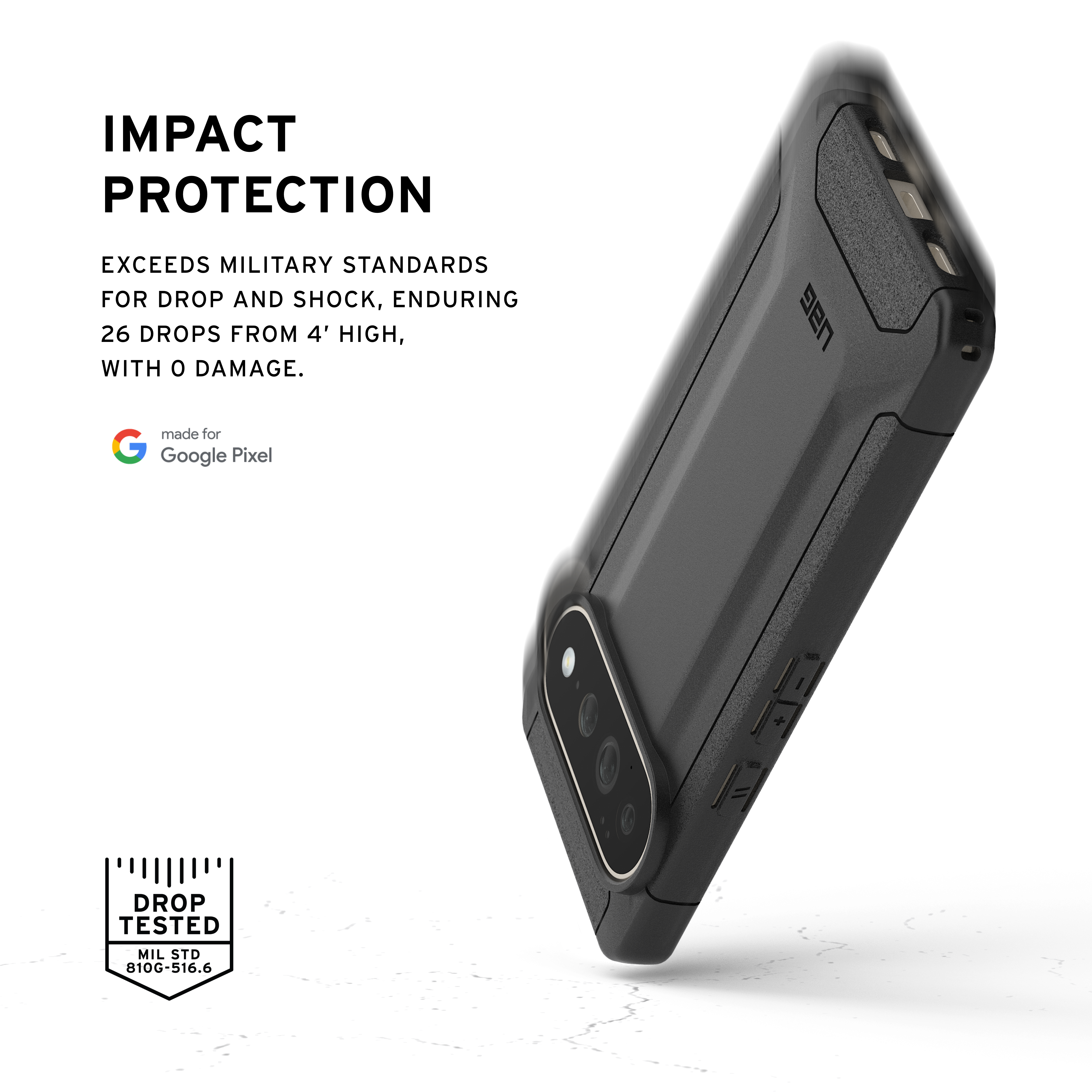 Ein robustes, schwarzes Smartphone in stoßfester Hülle über Wasser- oder Eisstrukturen.