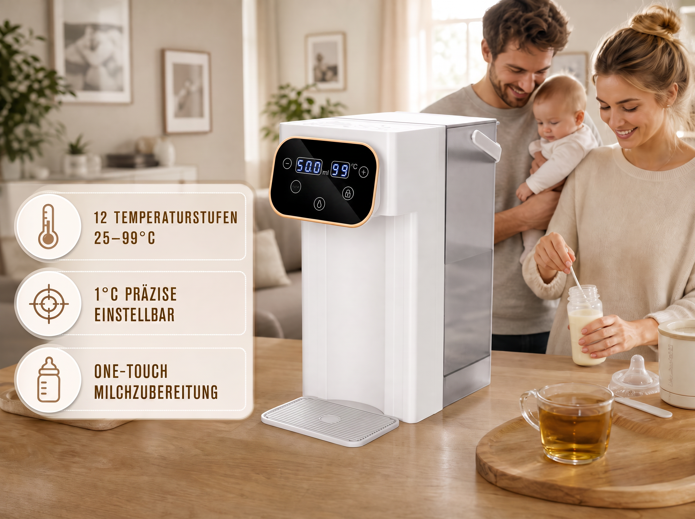 Eine Familie in der Küche mit einem weißen Milchzubereitungsgerät auf der Holzarbeitsplatte.