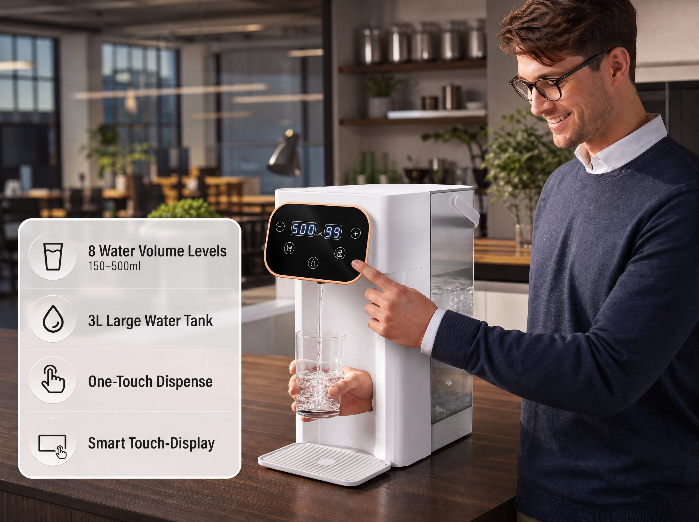 Ein Mann nutzt einen weißen Wasserspender mit Touch-Display in einer Küche, während Infografiken eingeblendet sind.