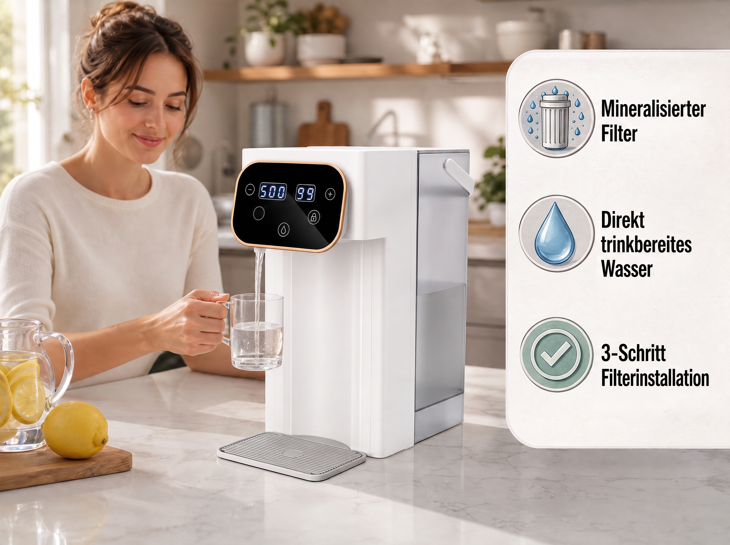 Eine Frau füllt Wasser aus einem weißen Wasserspender in ein Glas, neben ihr liegen Zitronen.