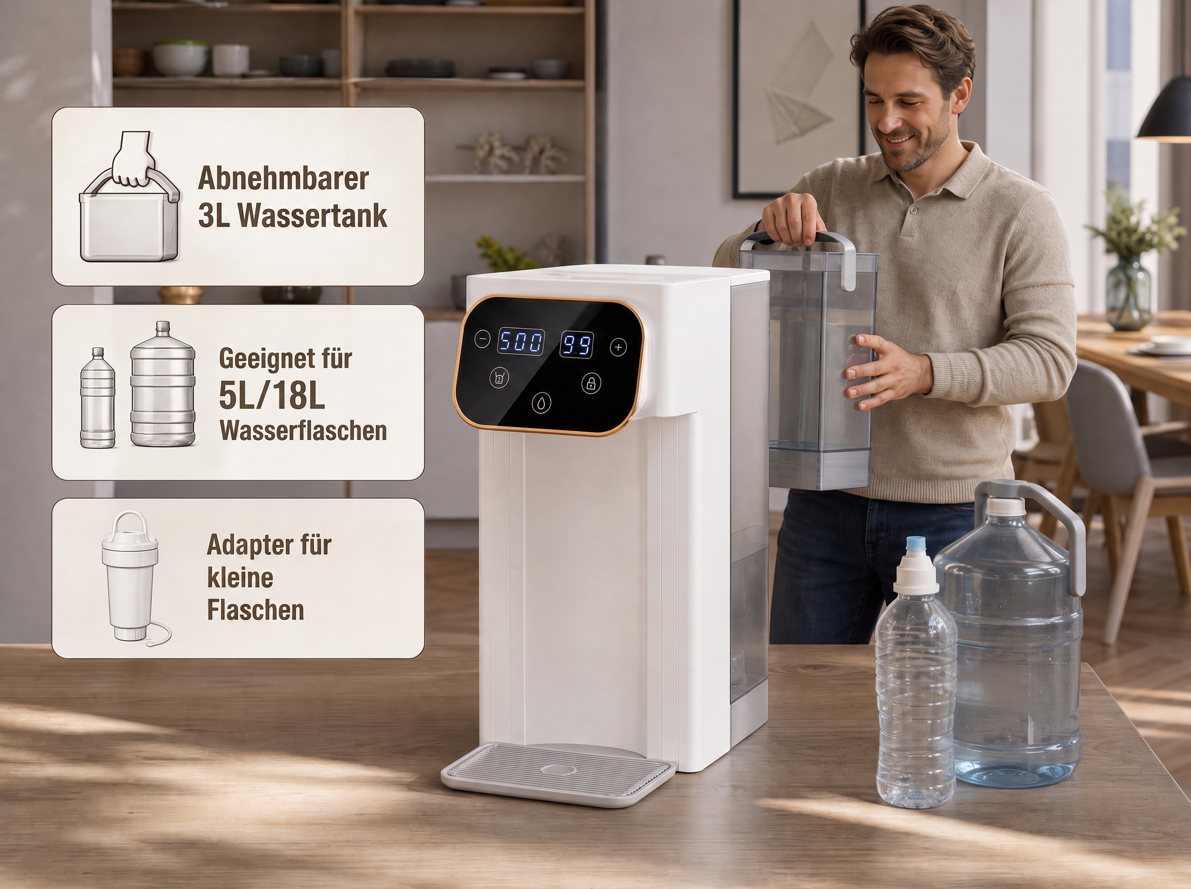 Ein Mann setzt den 3L Wassertank in einen modernen Wasserspender ein, mit Infografiken und Wasserflaschen.