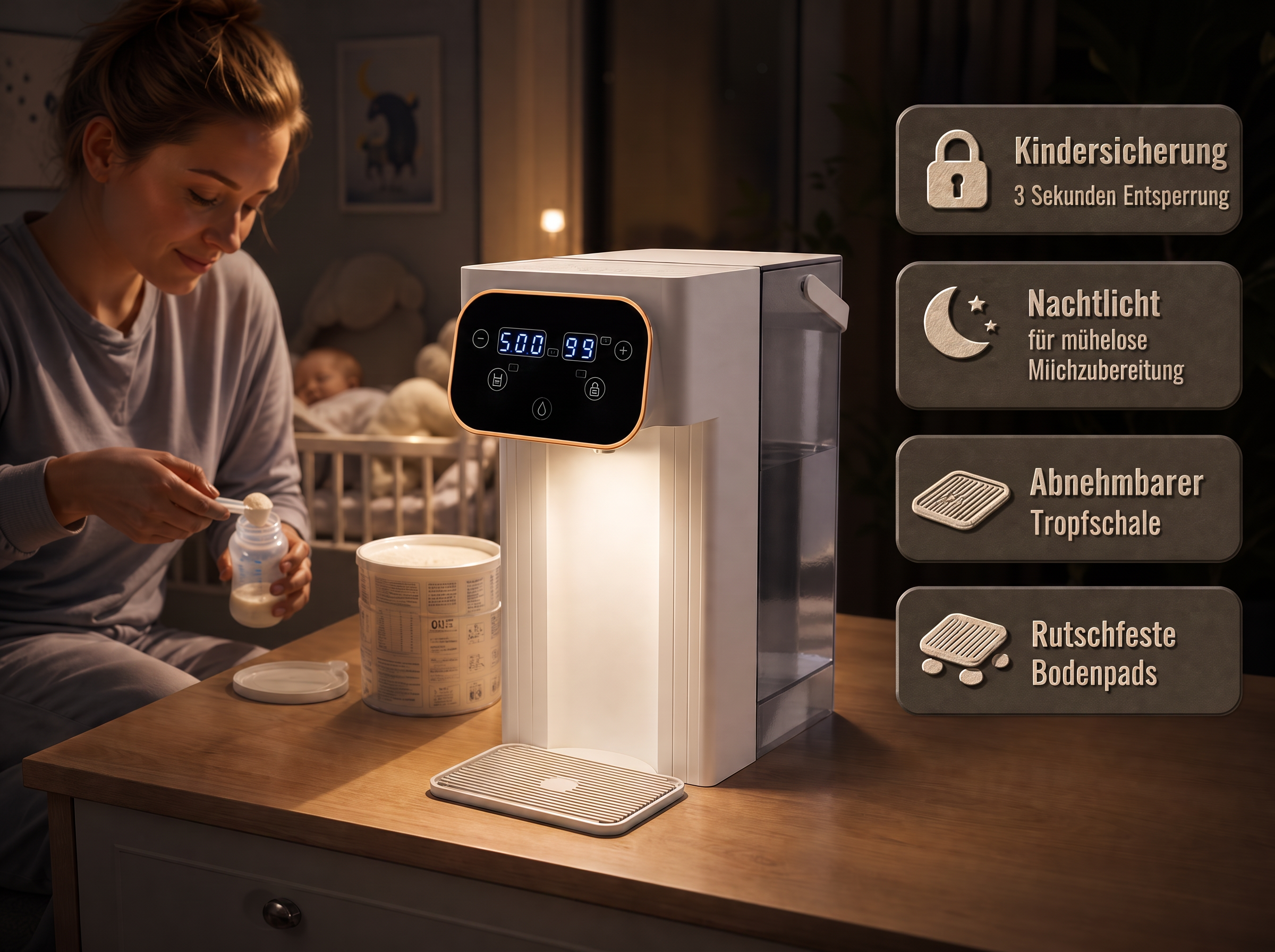 Eine Frau bereitet nachts Babynahrung neben einer Milchpulver-Maschine vor, mit Feature-Icons rechts.