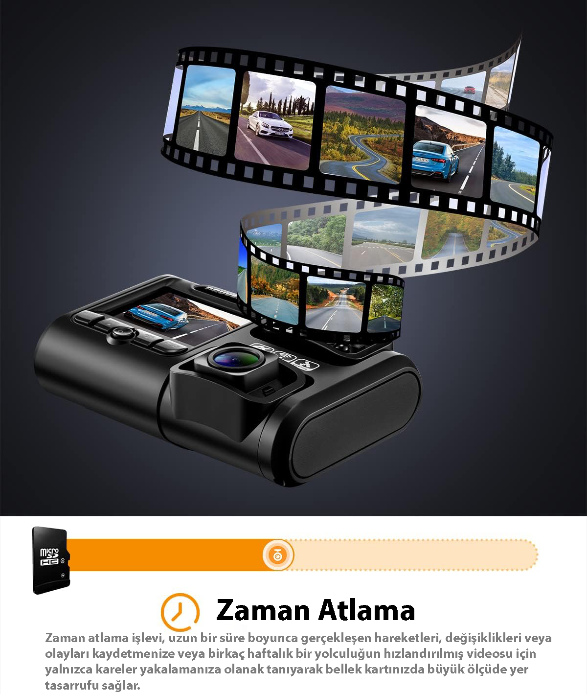 Çeşitli yol sahneleri ve arabaları gösteren film şeritli siyah araç kamerası.