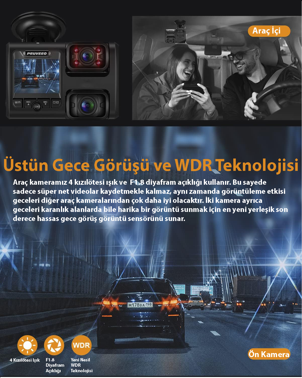 Gece görüşlü ve WDR teknolojili araç kamerası, net kayıtlar sağlar.
