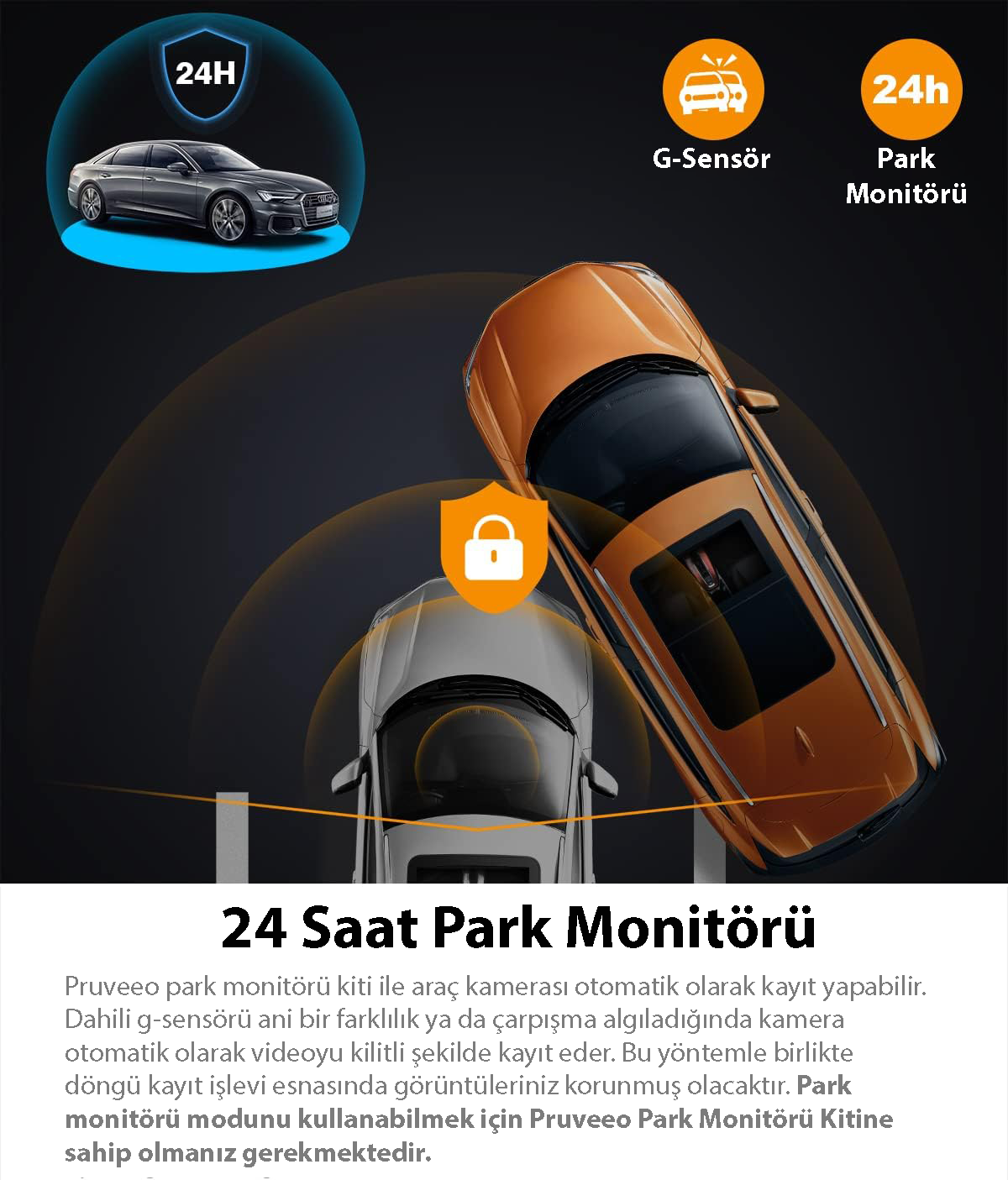 24 saat park modu, G-sensör simgesi, kilit ve sensör ışıklı arabaları gösteren grafik.