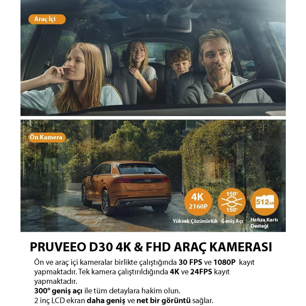 Araba içinde bir aile ve dışarıda sarı bir araba, araç kamerası için reklamı yapılıyor.