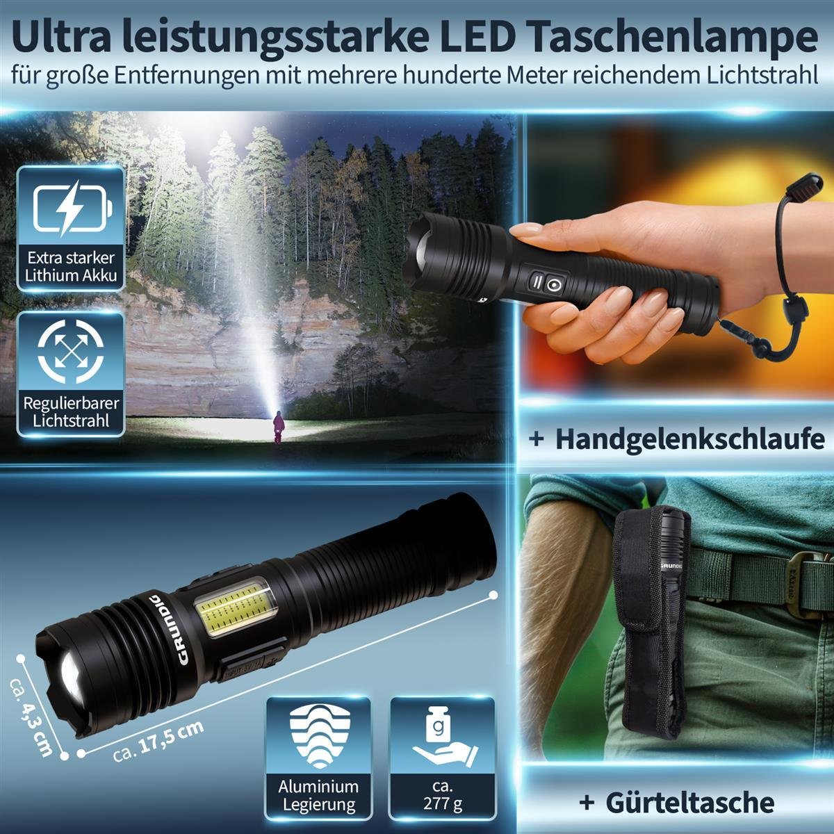 Produktwerbung für LED-Taschenlampe mit Akku, Maßen, Zubehör und Leuchtbeispiel in der Natur.