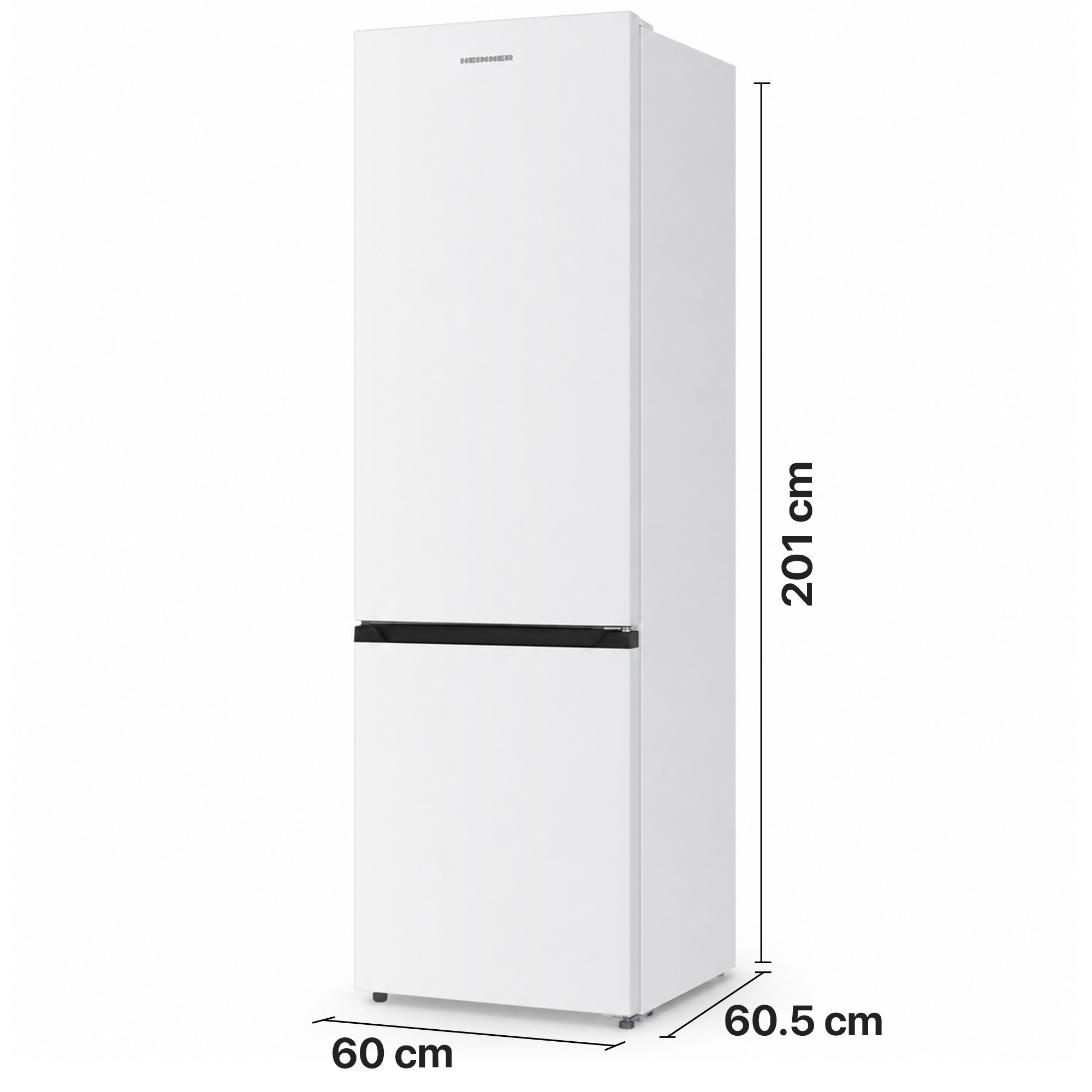 Réfrigérateur blanc avec dimensions: hauteur 201 cm, largeur 60 cm et profondeur 60,5 cm.