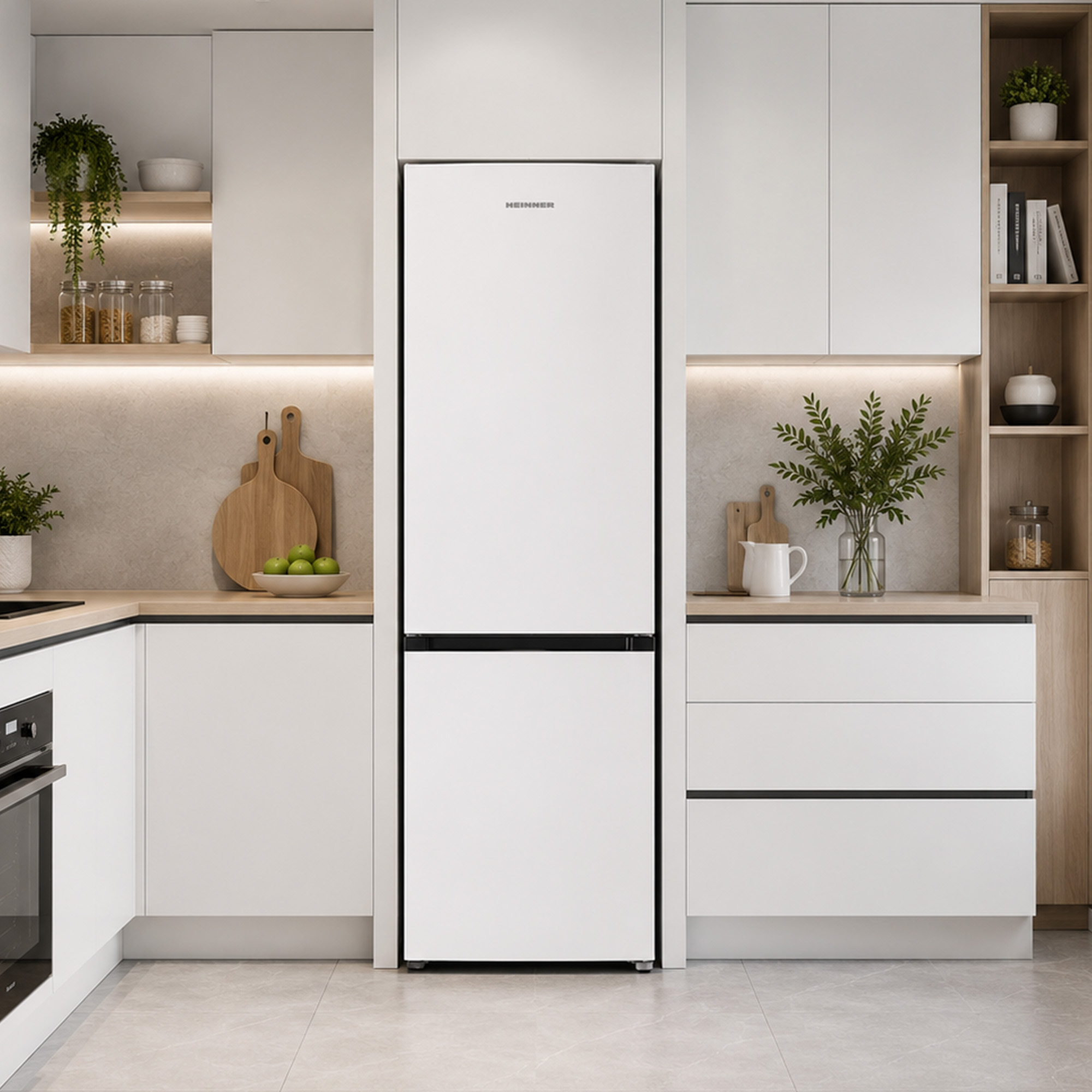 Une cuisine blanche moderne avec du bois clair, un réfrigérateur blanc au centre, des plantes et des planches.