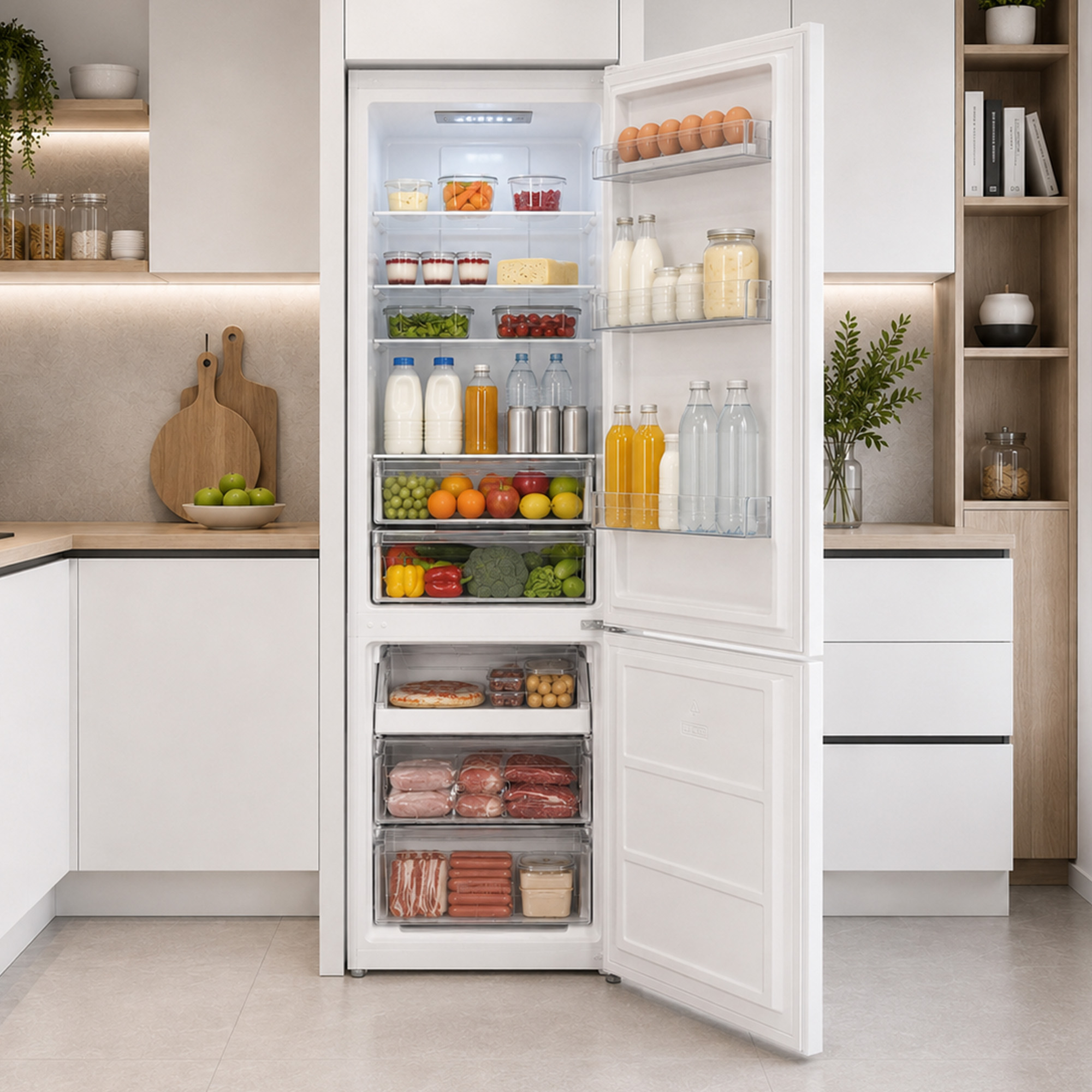 Un réfrigérateur blanc ouvert dans une cuisine moderne, rempli de légumes frais, de boissons et d'aliments.